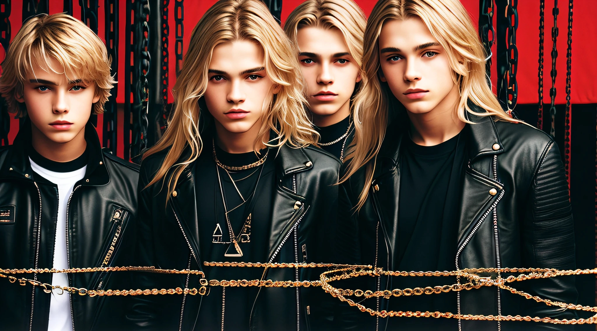 14-YEAR-OLD BOYS, CLOSE UP, WITH LONG BLONDE HAIR, WITH LEATHER JACKETS AND BLACK CLOTHING, ON A RED BACKGROUND WITH MANY CHAINS, FLOOR WITH CHAINS, CEILING WITH CHAINS.