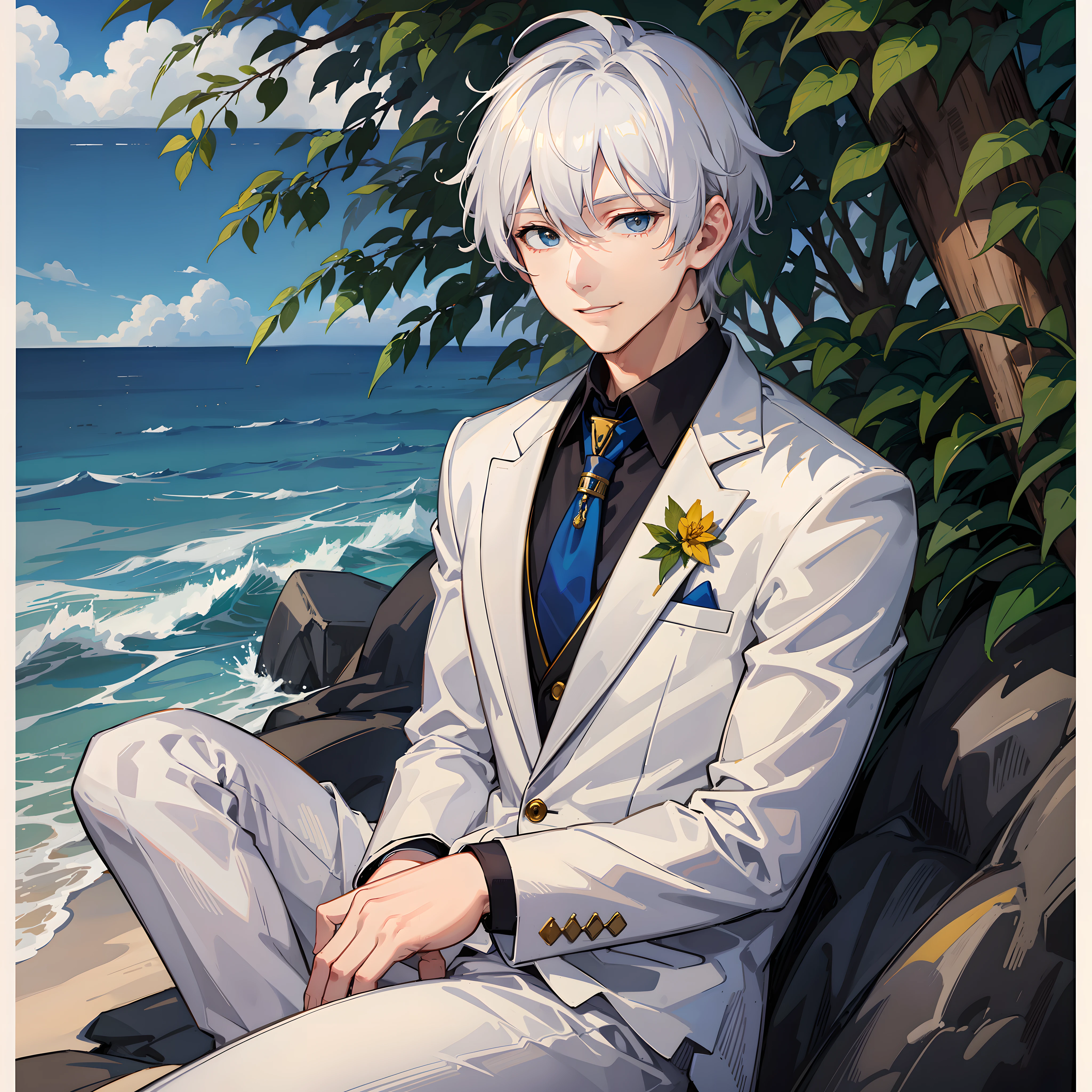 Adult Male, Wearing a white Suit and pants, facing the sea, sitting, white short hair, midnight,Blue right eye, yellow left eye, smile, With a green bush behind