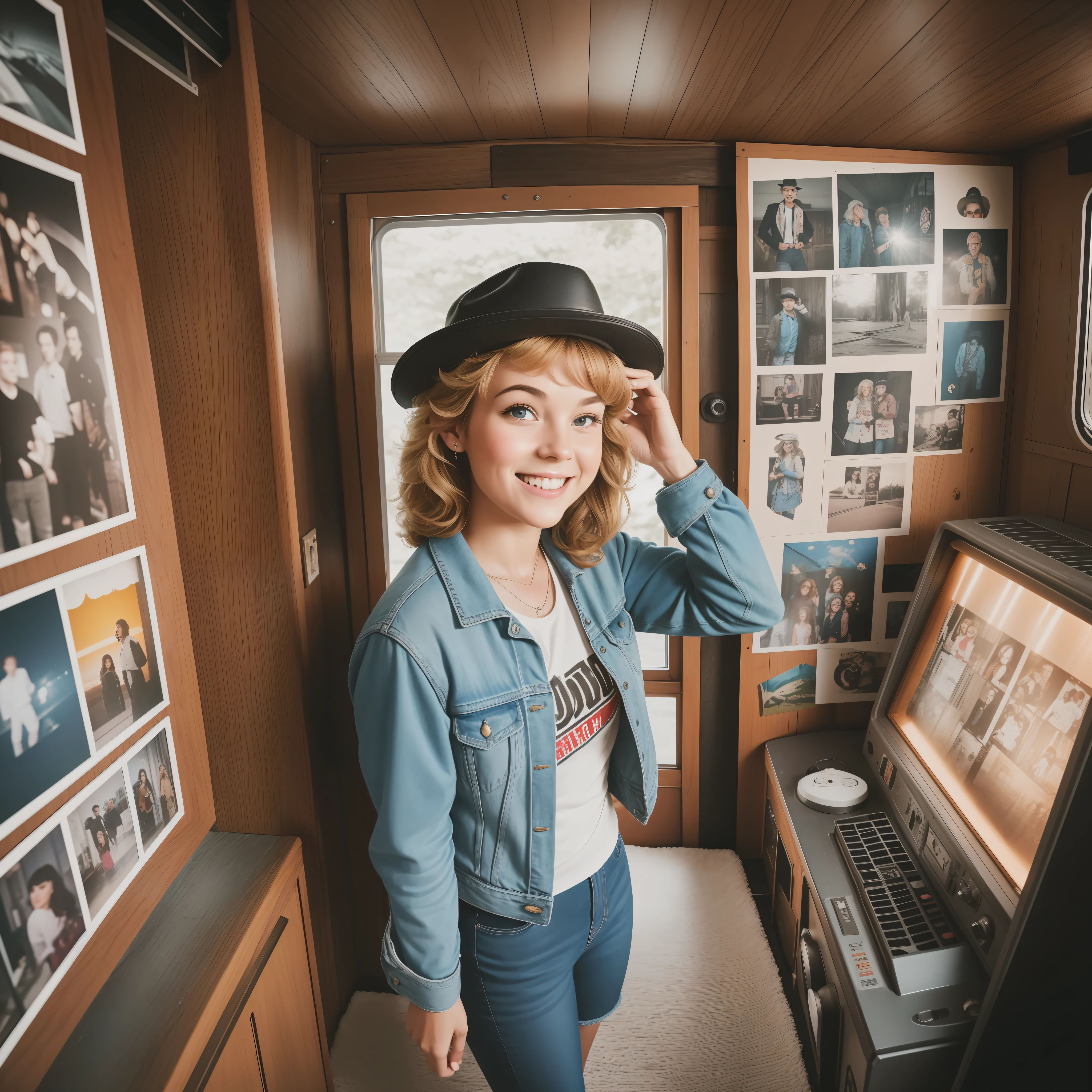 The image highlights a person inside an '80s photo booth. The cabin is decorated with retro stickers and posters, including images of rock bands and classic '80s movies. The person is dressed in vintage-style clothing, with a leather vest and a faded denim jacket. The person is smiling and striking a funny pose while holding a vintage fedora hat. The light inside the cabin is soft and warm, creating a nostalgic atmosphere. The image consists of a series of four black and white photos, arranged in a vertical strip, as if they were exits directly from the photo booth. Each photo captures the person in a different pose, showing their fun and relaxed personality. The artistic medium is photography, focusing on capturing the atmosphere and aesthetics of the 80s.