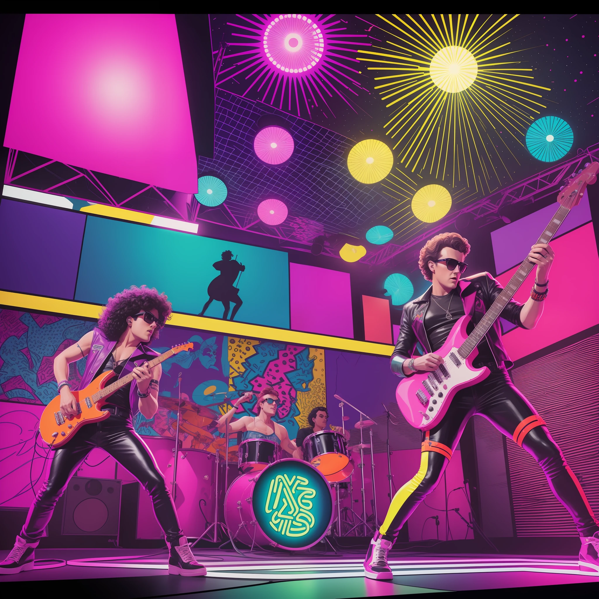 The image highlights a rock band playing on a stage in stylized '80s costumes. The band members wear tight leather outfits, with long, curly hair and shiny electric guitars. The stage is illuminated by bright neon lights, creating a vibrant and energetic atmosphere. The band members are in full action, playing with passion and intensity. The image is composed of a series of neon lights in vibrant colors, creating a kaleidoscope effect around the band. The music is loud and powerful, creating a sense of excitement and adrenaline. The artistic medium is digital painting, focusing on capturing the aesthetics and atmosphere of the 80s. The artists and illustrators who could collaborate on this scene are: Patrick Nagel, Keith Haring and the pop-art movement.