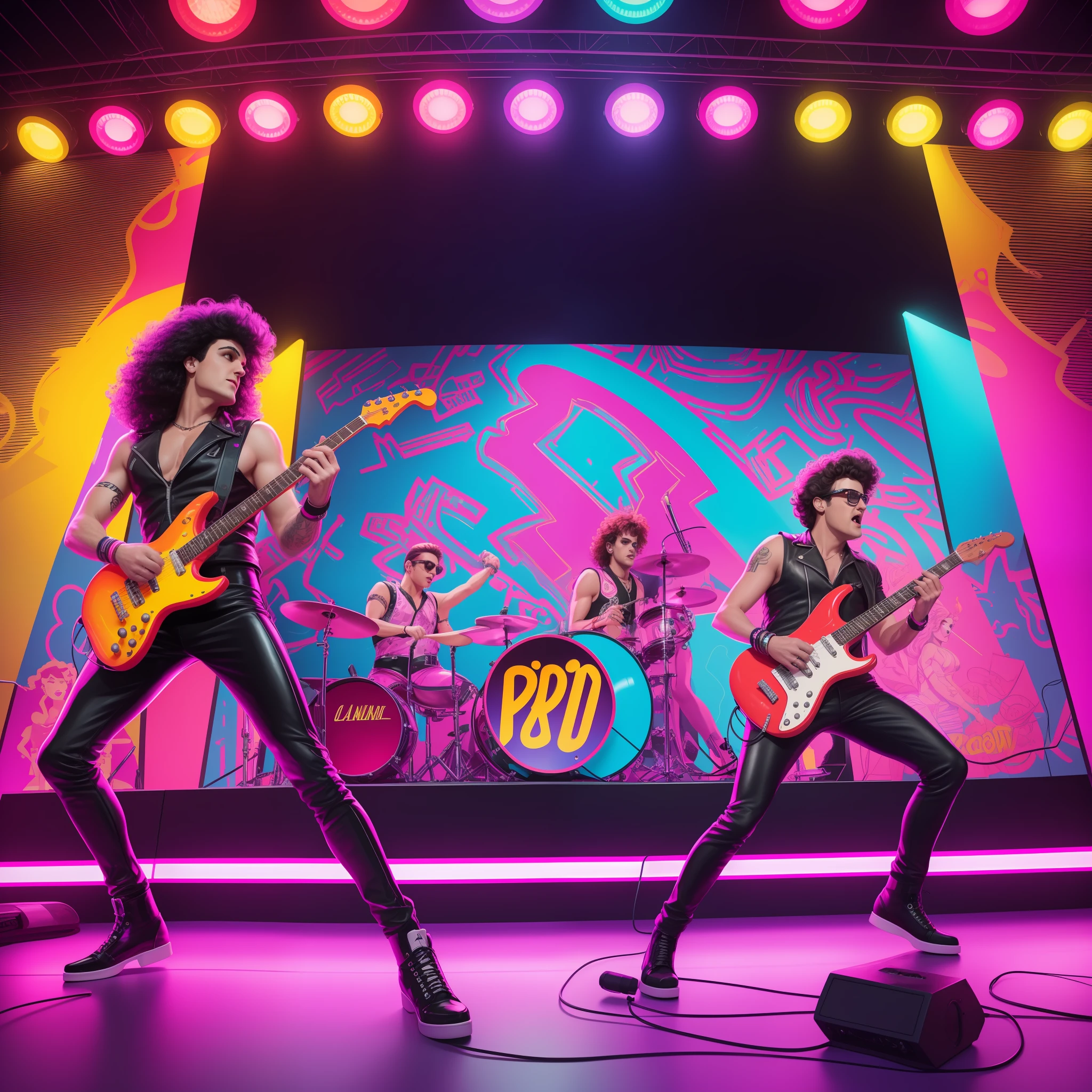 The image highlights a rock band playing on a stage in stylized '80s costumes. The band members wear tight leather outfits, with long, curly hair and shiny electric guitars. The stage is illuminated by bright neon lights, creating a vibrant and energetic atmosphere. The band members are in full action, playing with passion and intensity. The image is composed of a series of neon lights in vibrant colors, creating a kaleidoscope effect around the band. The music is loud and powerful, creating a sense of excitement and adrenaline. The artistic medium is digital painting, focusing on capturing the aesthetics and atmosphere of the 80s. The artists and illustrators who could collaborate on this scene are: Patrick Nagel, Keith Haring and the pop-art movement.