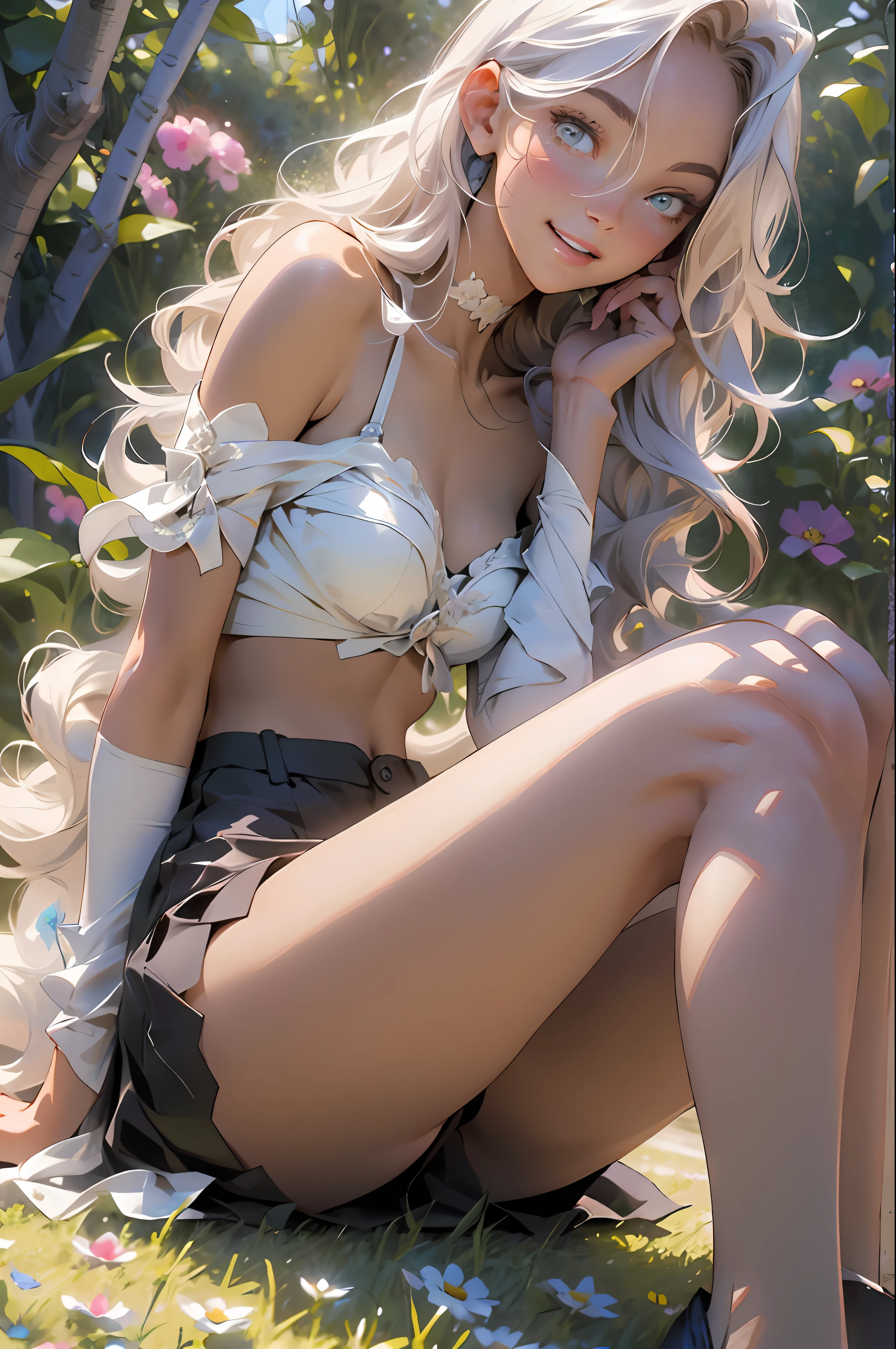 melancholy lighting, quiet, calm, brightness, masterpiece, best quality, 1girl, (JinxLol:1.2), (ultra photorealistic:1.3), (masterpiece:1.4), best quality, ((realistic)), high quality, ultra detailed, ((Real image)), ((realistic skin)), ((realistic face)),(illustration:1.05), (beautiful:1.05), (beautiful detailed eyes:1.05), (cinematic light:1.1), Full body, precise proportions, 18-year-old girl, skinny model lying on the grass, surrounding garden, tree shadow, hair fluttering in the wind, tulle, long legs, feet slightly open, buttocks, blush, shyness, collarbone, abdominals, double weave, beautiful and delicate face, fair skin, real skin, (face detail), pores, super high resolution, 8k, parameters Best quality, masterpiece, super high resolution, (Realistic 2.0), More details, detailed skin, no panties, wide smile, white teeth, voluminous hair, perfect and well designed eyes, girlfriend, beautiful, beautiful, flowers, studio lighting