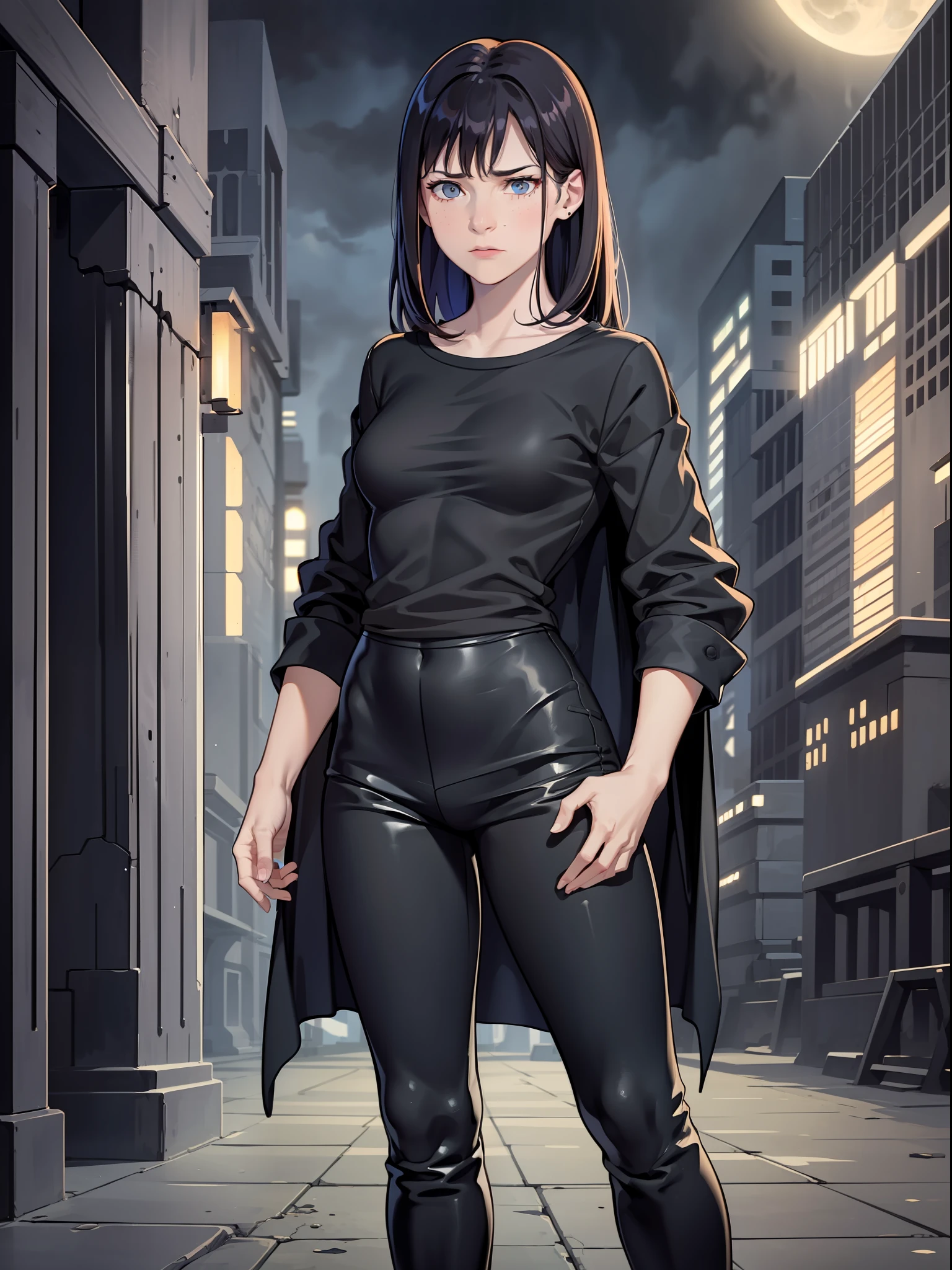 A full body girl, wearing long black T-shirt long black pants, dark style, brown eyes, short brown hair, expression of sadness in the gaze, moonlight only night, dark environment, high definition, detailed.