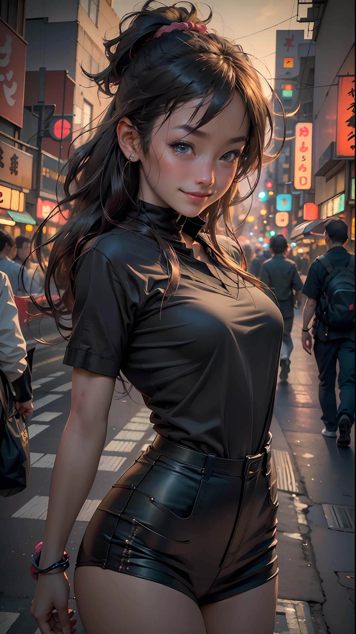 1girl, Tokyo street,night, cityscape,city lights,upper body,close-up,smile,, (8k, RAW photo, best quality, masterpiece:1.2),(realistic, photo-realistic:1.37),