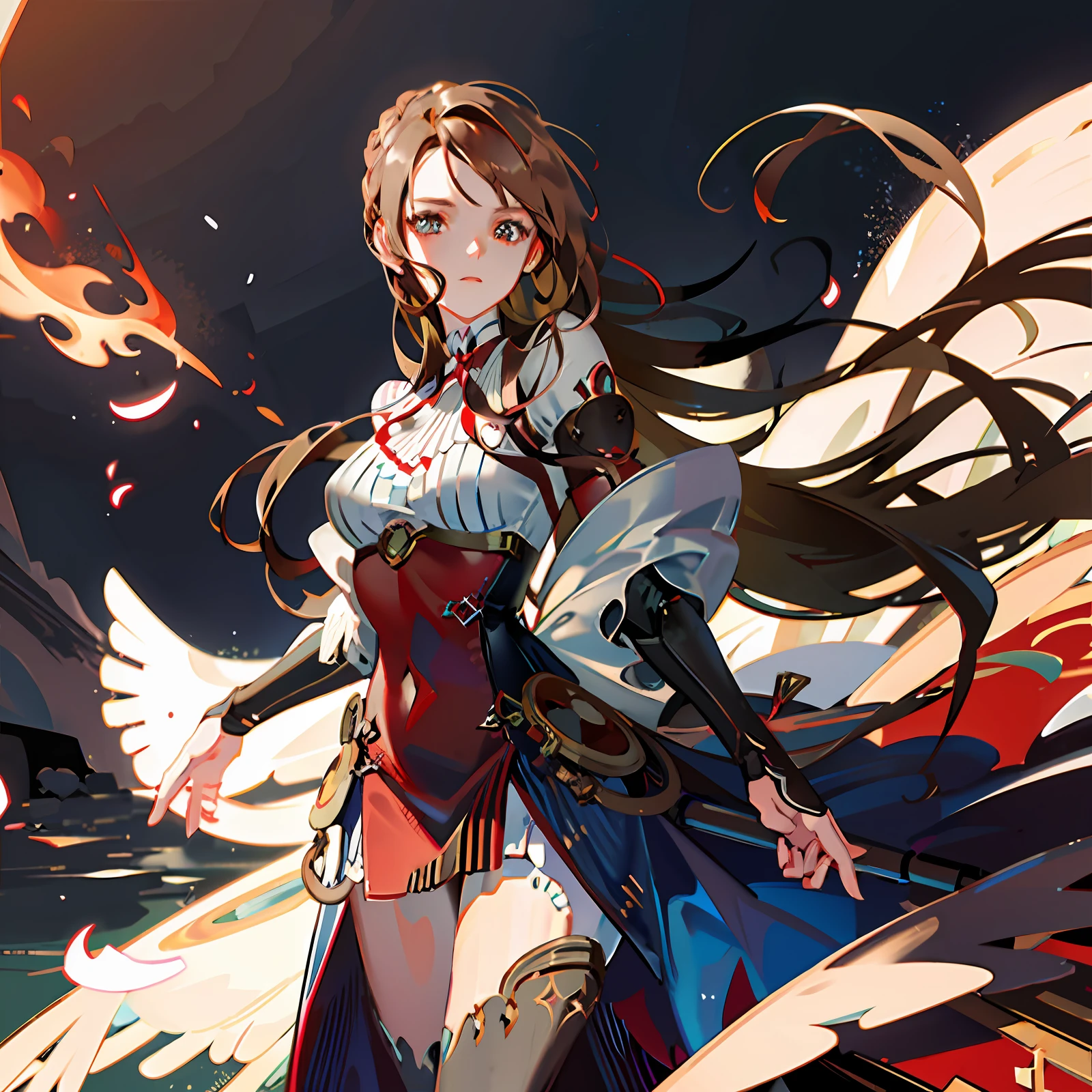 Girl with red and white armor with strong blue double swords,strong red eyes,very beautiful face anime features,large brown hair and andulados scattered in the wind of the landscapes,beautiful and slender body, girl with a nice face, eyes and face well visible and ultra detailed, medieval landscape with different angles
