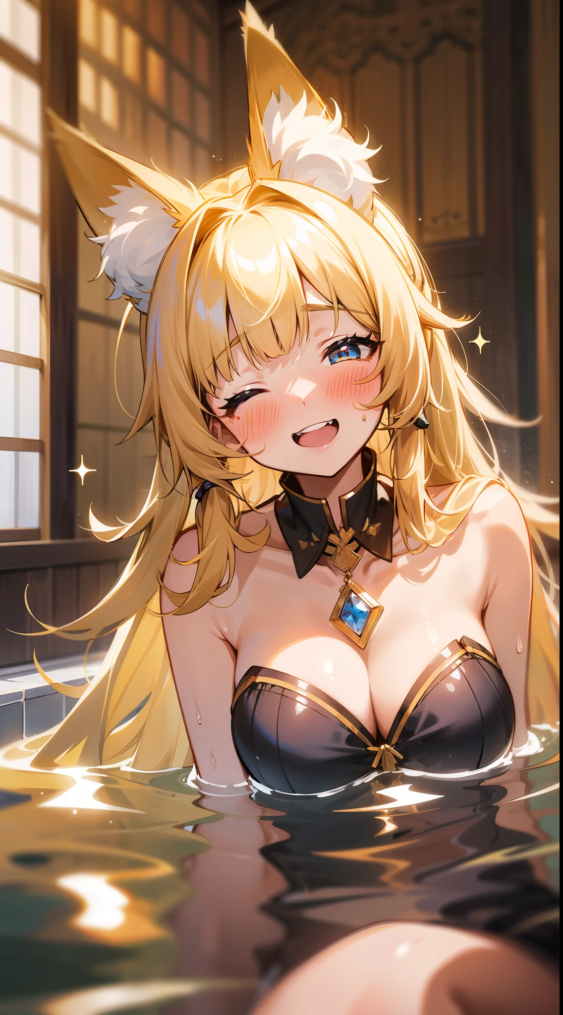 (medium portrait:0.7), (best illumination:1.1), (golden hair:1.1), 1girl, wolf ears, flustered smile, moderate breast, (ayaka:1.2), in bath house, open mouth. cleavage:0.8, (canine tooth:0.4), blushing:1.4, no clothes,