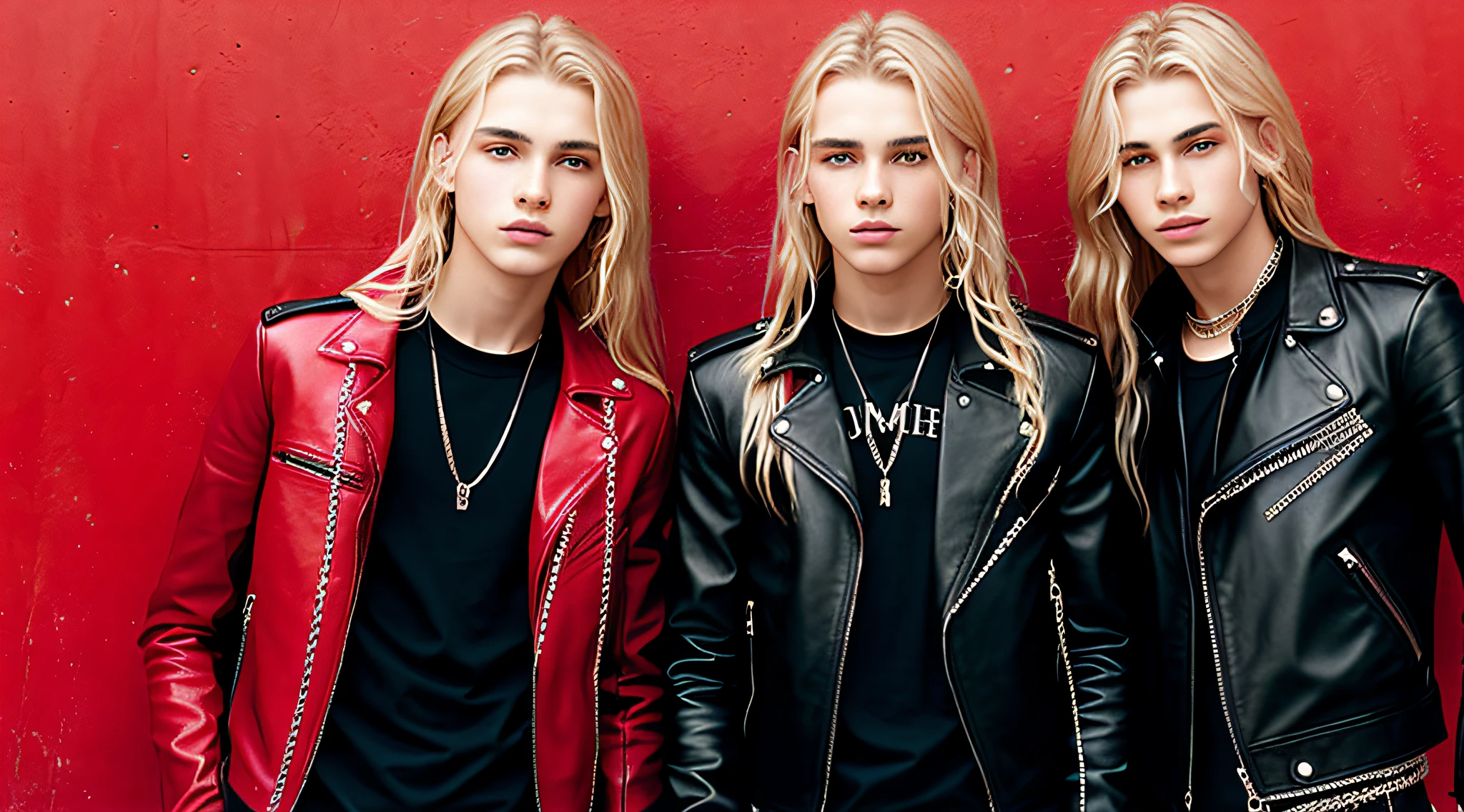  BOYS, CLOSEUP, WITH LONG BLONDE HAIR, WITH RED LEATHER JACKETS AND BLACK CLOTHING, ON A RED BACKGROUND WITH MANY CHAINS, FLOOR WITH CHAINS, CEILING WITH CHAINS.