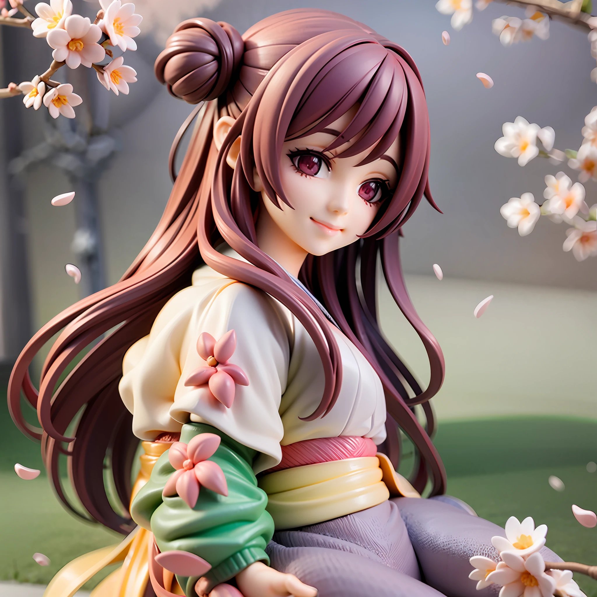 1girl, kimono,long hair, (brown hair:0.3), reaching out, dutch angle,cherry blossoms, on grass, sunlight, cute face, beautiful eye,full body, chibi, [realistic], [3d], (3dcg), ((octane render)), smile, closed mouth