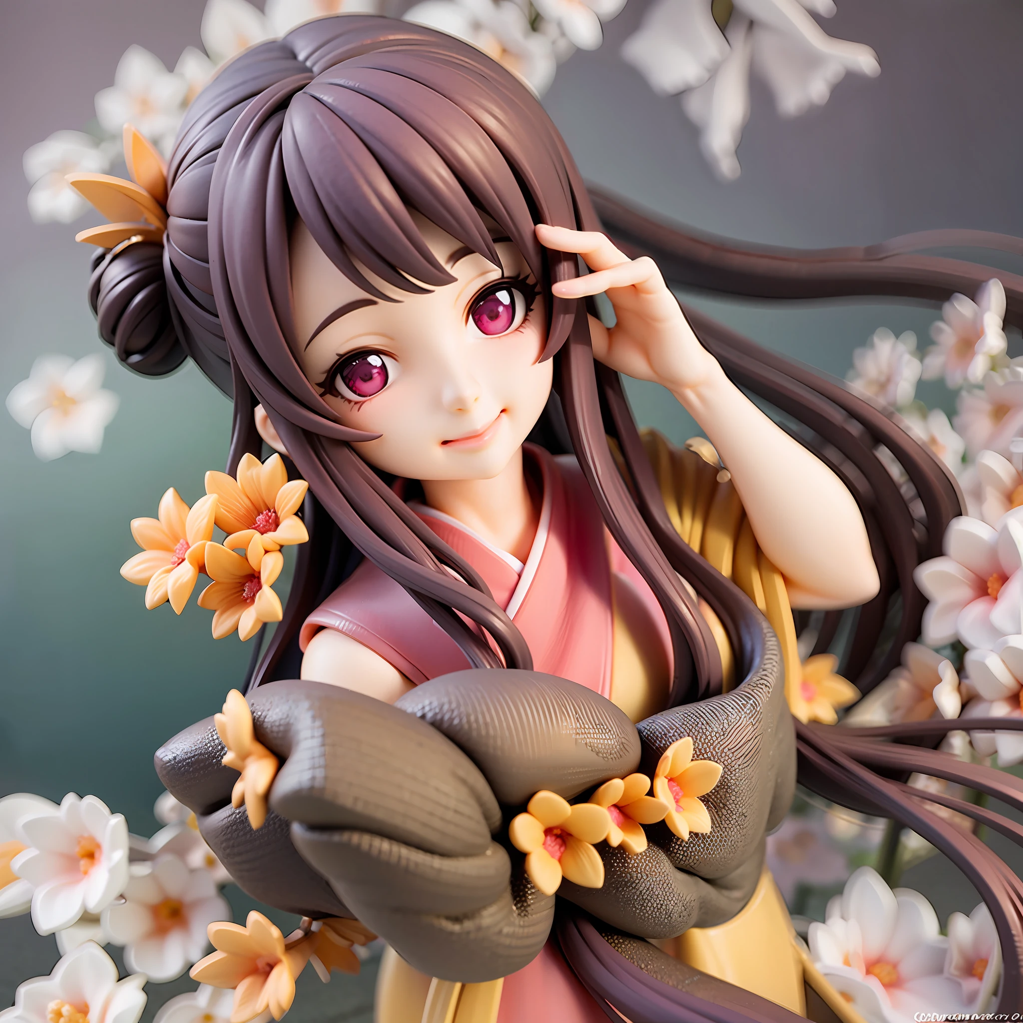1girl, kimono,long hair, (brown hair:0.3), reaching out, dutch angle,cherry blossoms, on grass, sunlight, cute face, beautiful eye,full body, chibi, [realistic], [3d], (3dcg), ((octane render)), smile, closed mouth