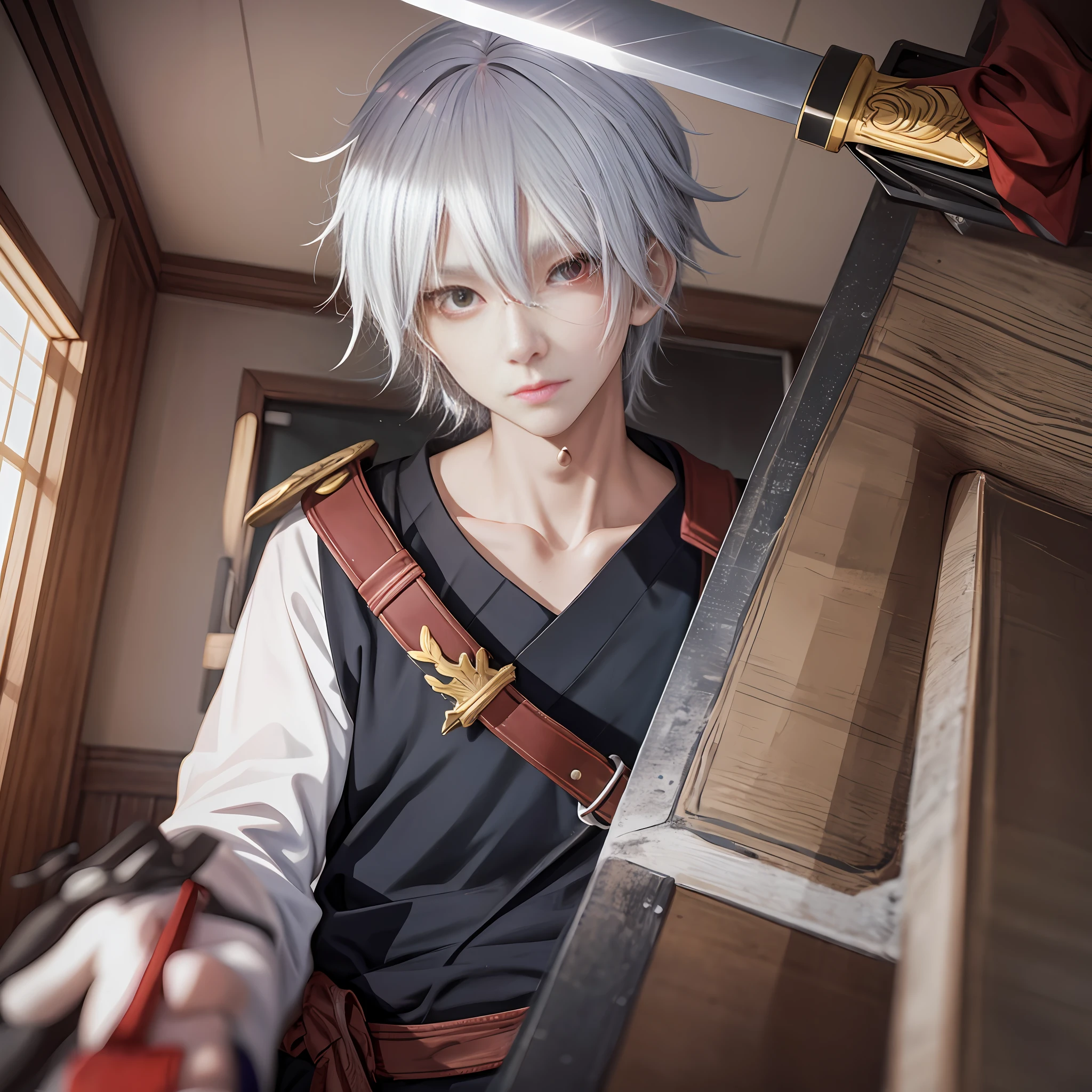 An anime boy in the classroom has white hair and blood stains on his face and holds a sword in his hand