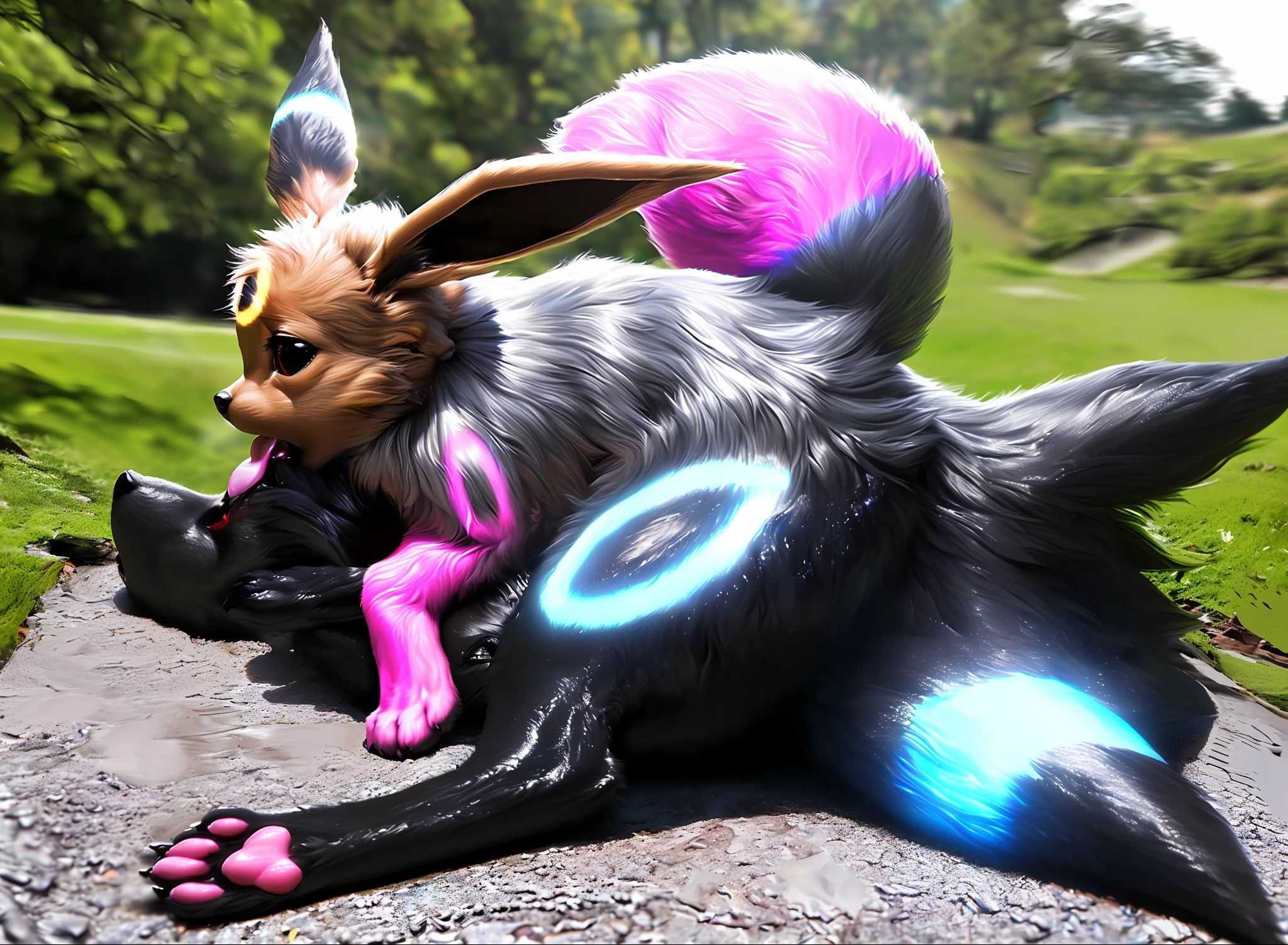 animal focus, lying, 69 position, (feral), (large umbreon), (small eevee), ((shiny pokemon)), (duo), fur, pupils, paws, pawpads, tail, ((symmetrical)), female/female, size difference,, ????, tongue, penetration,, licking), tongue out, female, anatomically correct, anatomically correct, (anatomically correct, (canine, animal, (pink, juice, in heat, y, glistening ?????????, masterpiece, best quality, photorealistic, hyperrealistic, ultradetailed, detailed background, outside background, digital drawing (artwork), photo background,