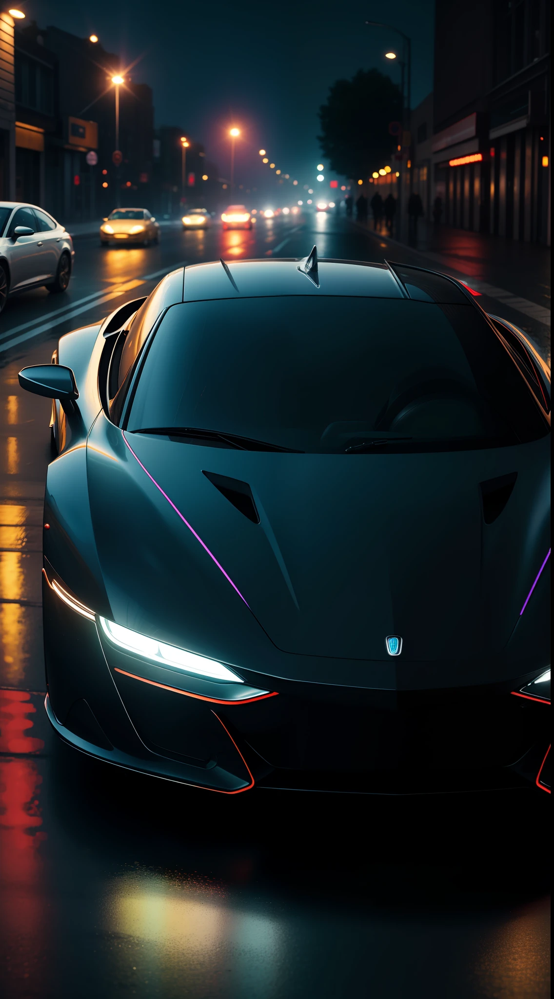 ((masterpiece 1.2)), high details, futuristic car, reflections of neon lights in the car, focus on the angle of the rear wheel, raindrops in the car, raindrops in the environment, set in night street, 50mm lens, (4K), cinema, dramatic lighting, deep shadows, (intense HDR), ray tracing, canon, sparkle, textured, reflections of the lights on the floor