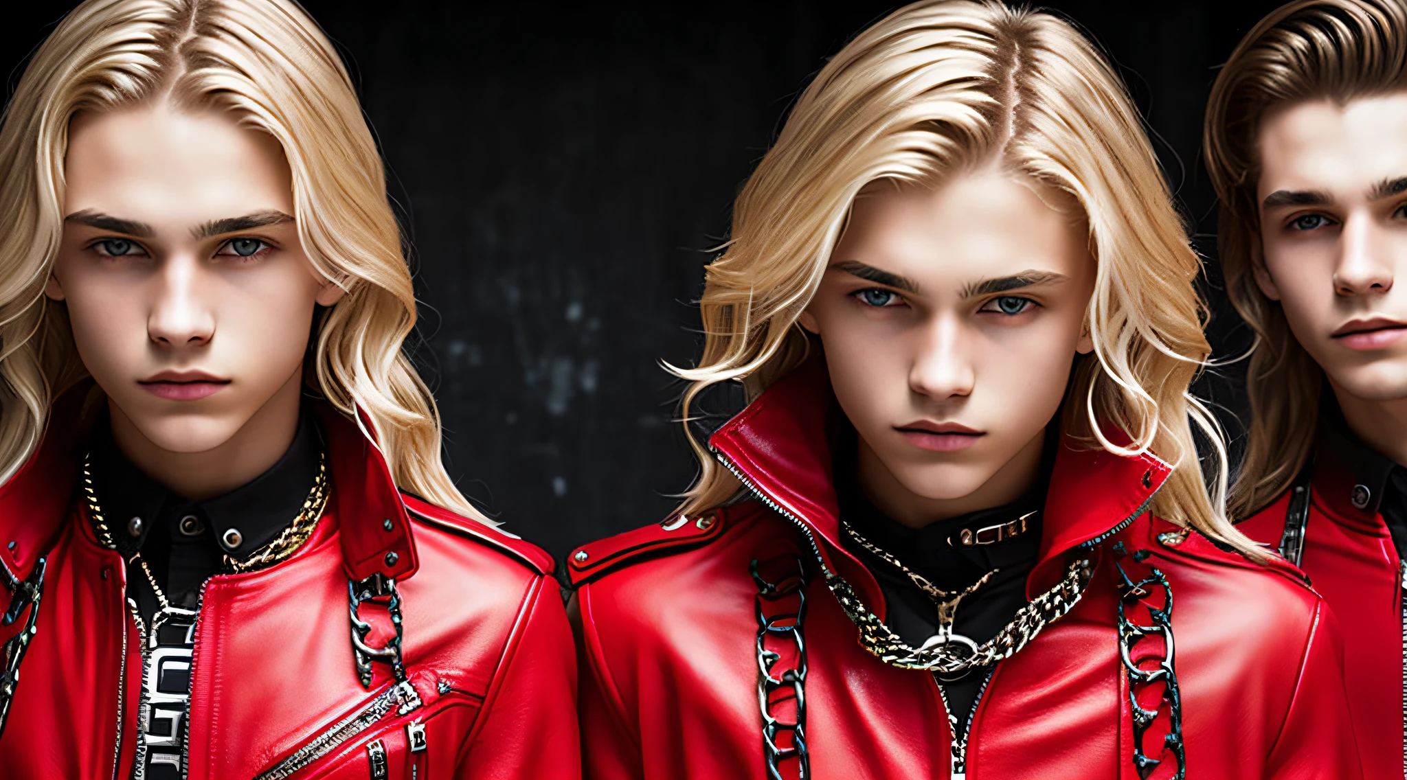 BOYS, CLOSEUP, WITH LONG BLONDE HAIR, WITH RED LEATHER JACKETS AND BLACK CLOTHING, ON A RED BACKGROUND WITH MANY CHAINS, FLOOR WITH CHAINS, CEILING WITH CHAINS.