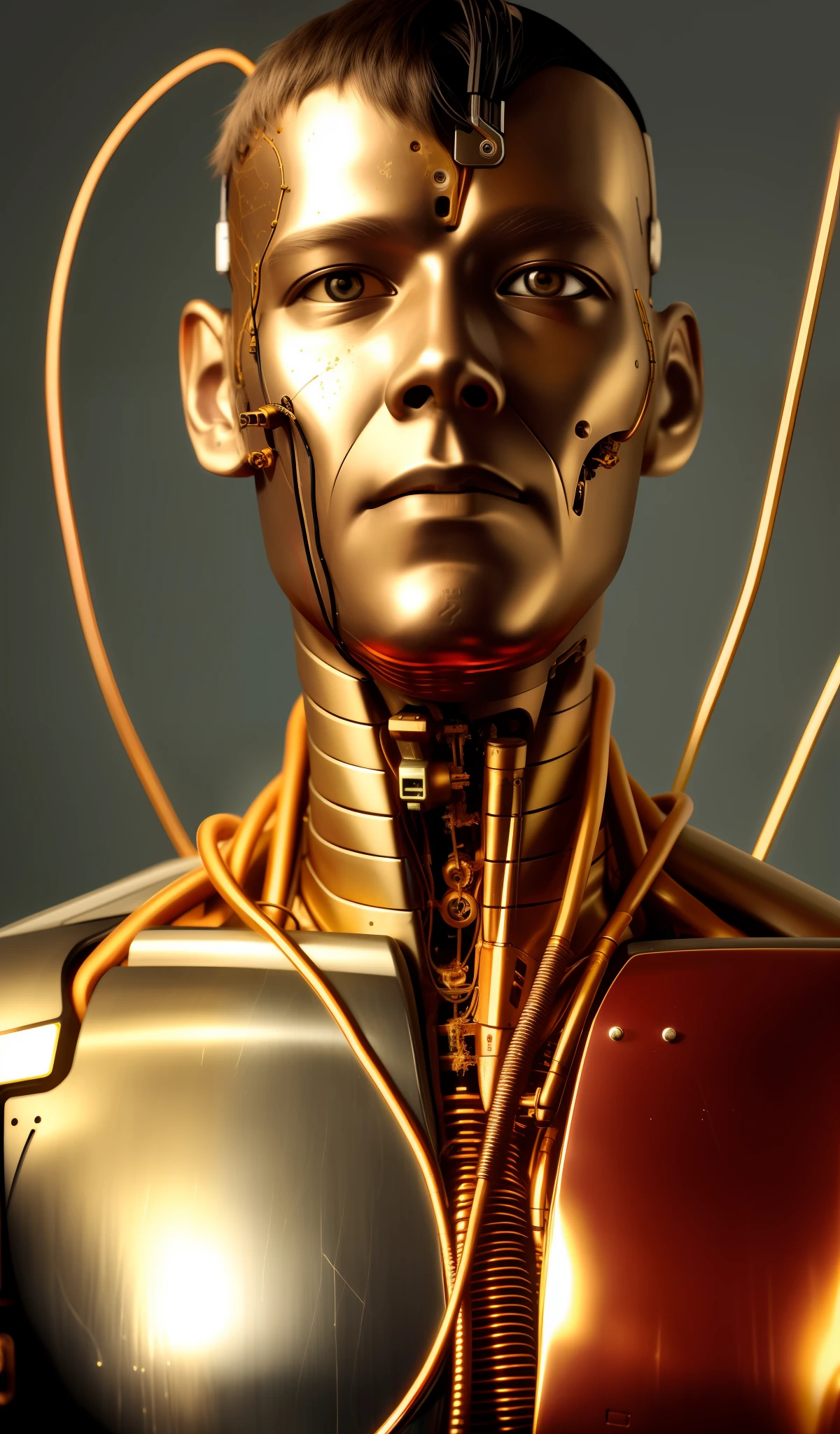 cyborg man portrait, exposed wires, gold oil leaking from rusty wires