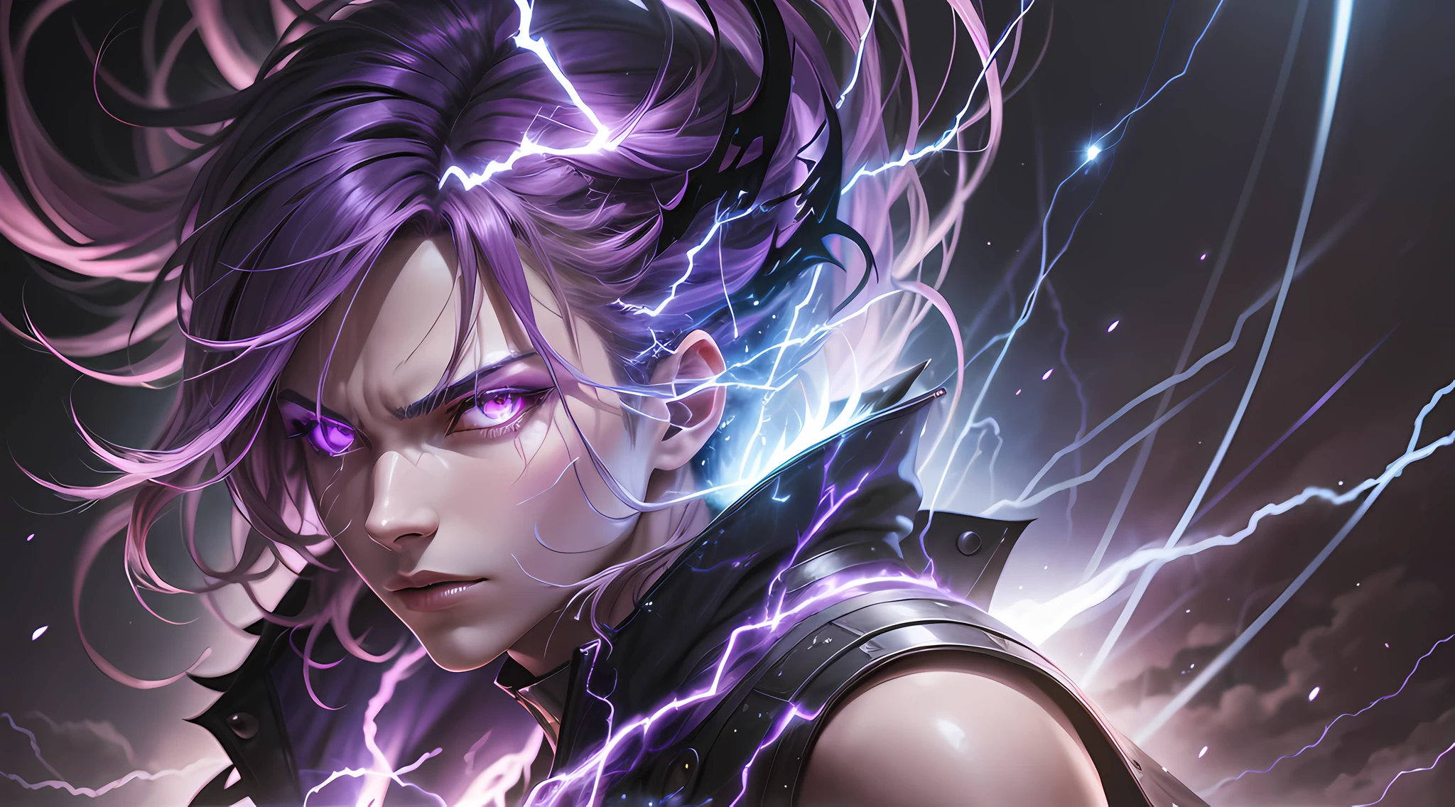 a close-up of a person with a purple and blue background full of lightning, glowing black aura, evil aura, 8k anime, an epic anime of a being with lightning powers, epic anime style, menacing aura, aura of darkness, evolving into his final form, glowing power aura, cosmic power glowing and flourishing, many lightning bolts surrounding the character --auto --s2