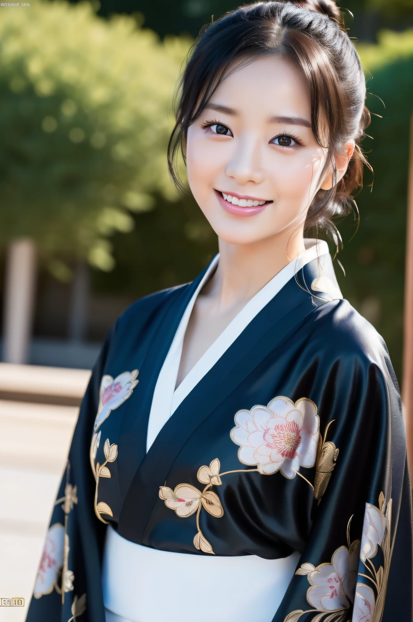 ((Top Quality, 8K, Masterpiece: 1.3)), Sharp Focus: 1.2, (Korean Cute Actress No.1), Realistic Photo (Shiny Skin), Realistic Photo, Black Hair, Wear Kimono, Realistic Pupil, Movie Lighting, Highly Detailed Eyes and Face, Movie Lighting, Smile,