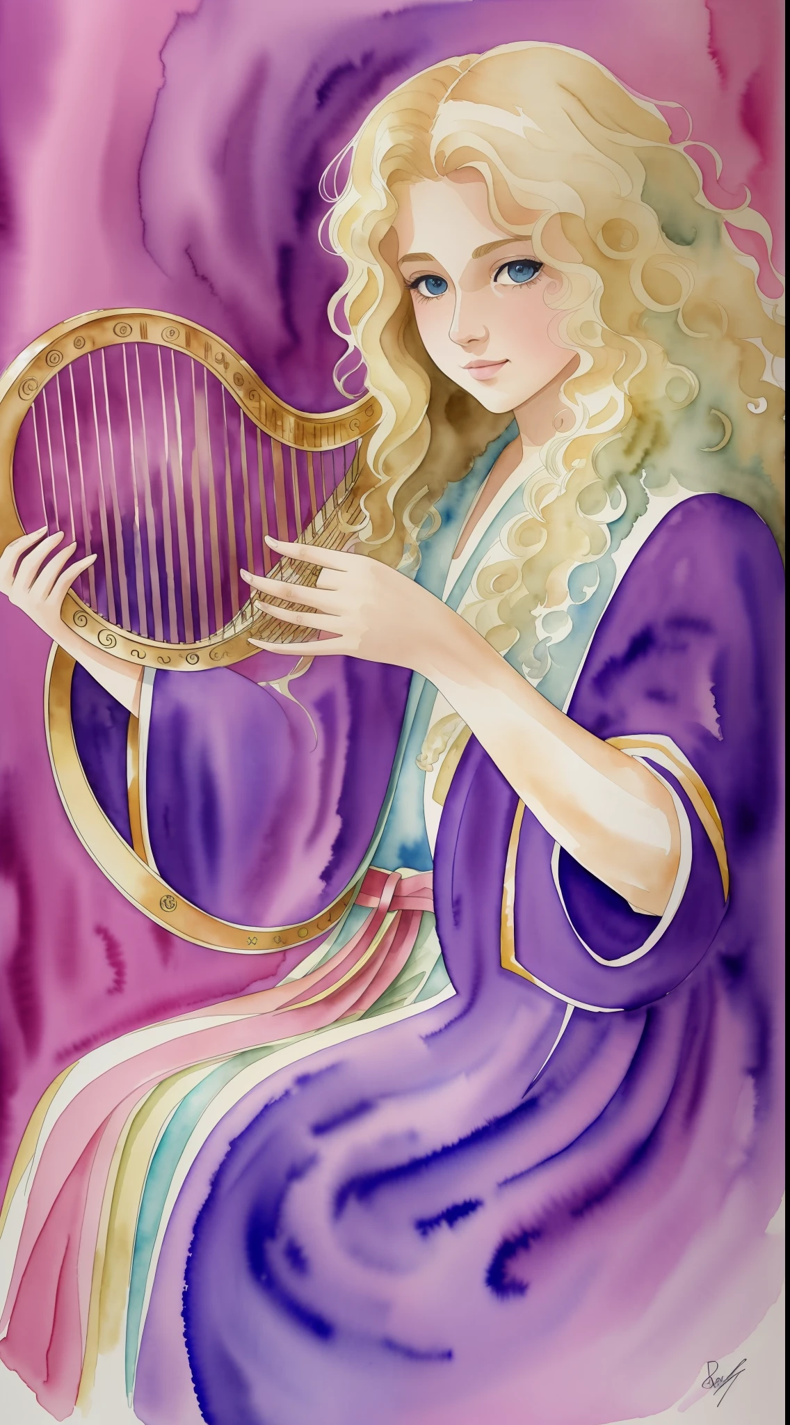 (watercolor: 1.4), best possible quality,8k,most beautiful child 18 years old, wavy blonde hair, playing a hand harp, royal robes