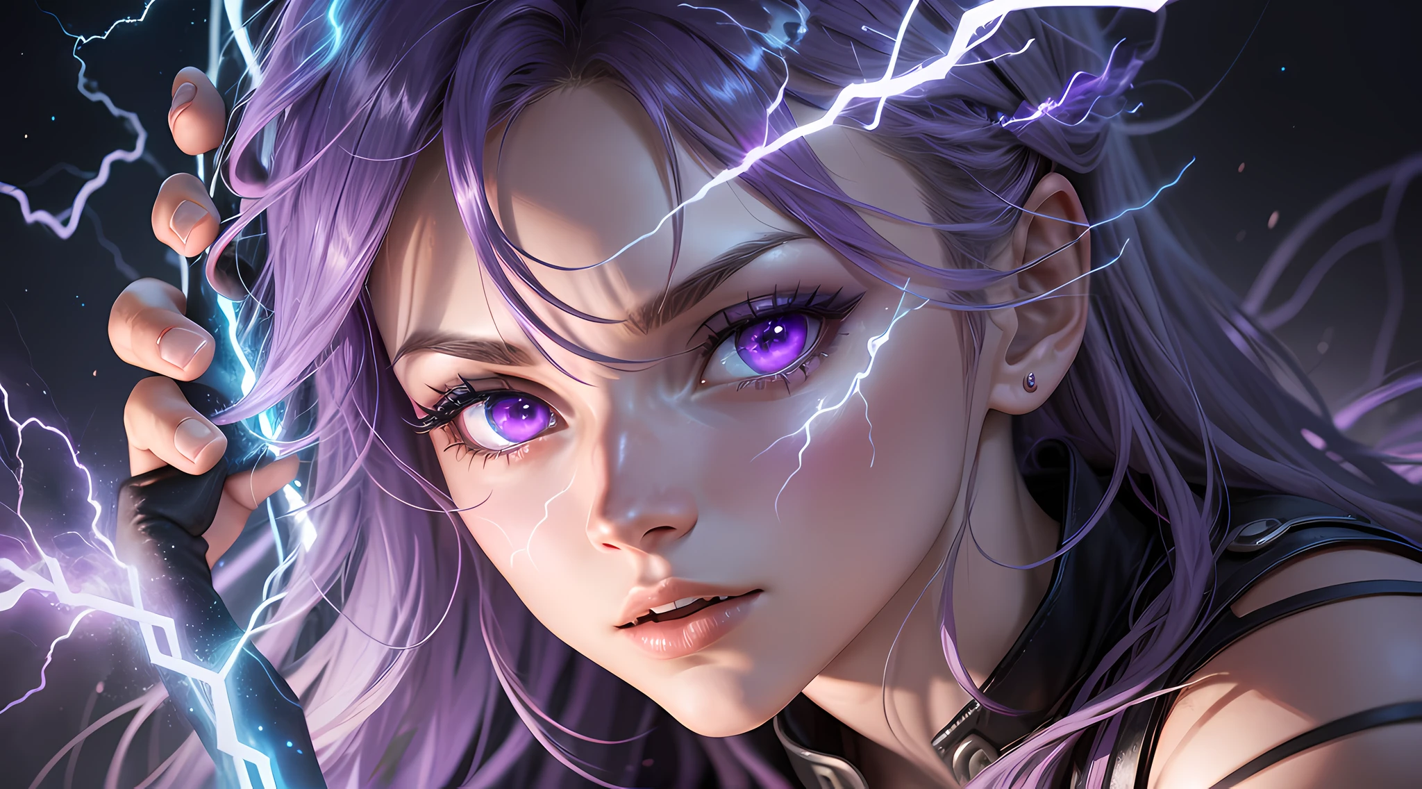 a close-up of a person with a purple and blue background full of lightning, glowing black aura, evil aura, 8k anime, an epic anime of a being with lightning powers, epic anime style, menacing aura, aura of darkness, evolving into his final form, glowing power aura, cosmic power glowing and flourishing, many lightning bolts surrounding the character --auto --s2