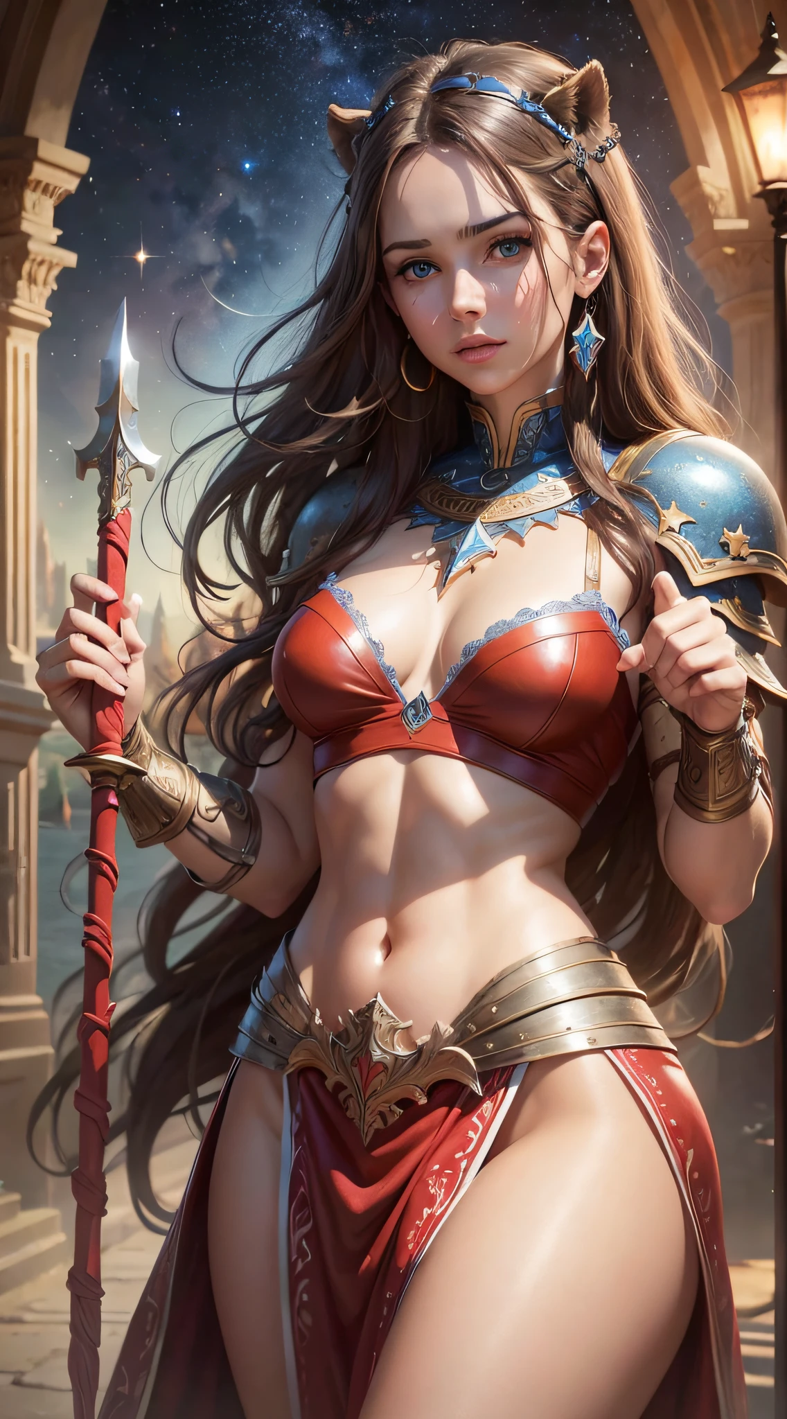 far view, beautiful woman, straight brown hair, dreamy blue eyes, small breasts, stars at night in the background, realistic eyes, detailed face, detailed hands, detailed legs, detailed fingers, detailed hair, detailed eyes, detailed skin, dynamic lighting, (photorealistic:1.4), 8k uhd, (hyper realistic), (photo realistic), (masterpiece), (best quality), full image, intricate red and white leather barbarian armor over blue dress, posing with a lion