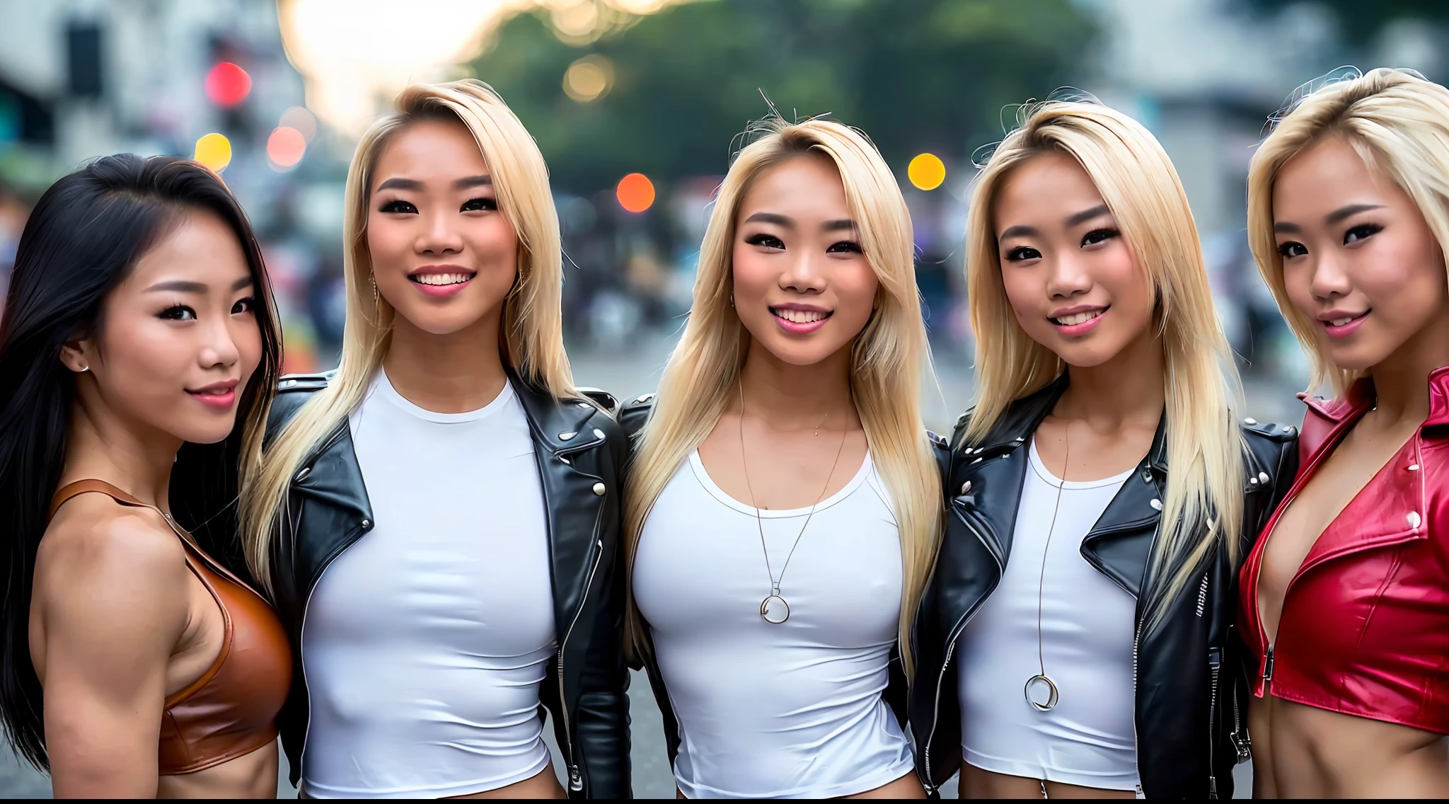 a group of beautiful young Thai women with blond hair and a bodybuilder physique, wearing a white top under a leather jacket, wet on the street, smile, taking selfie, cinematic, Key light, backlight, natural lighting, photography 400 ISO film grain 30mm lens RAW aperture f1.8, art photographer, intricate