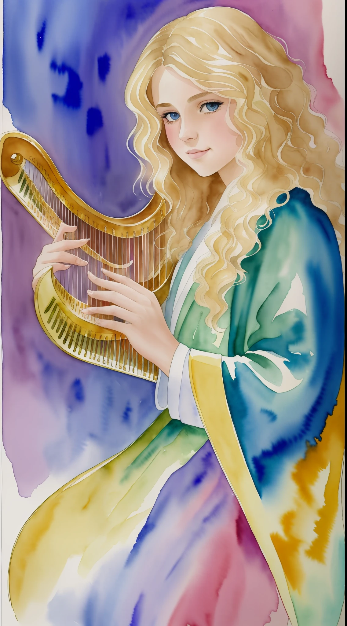 (watercolor: 1.4), best possible quality,8k,most beautiful child 18 years old, wavy blonde hair, playing a hand harp, royal robes