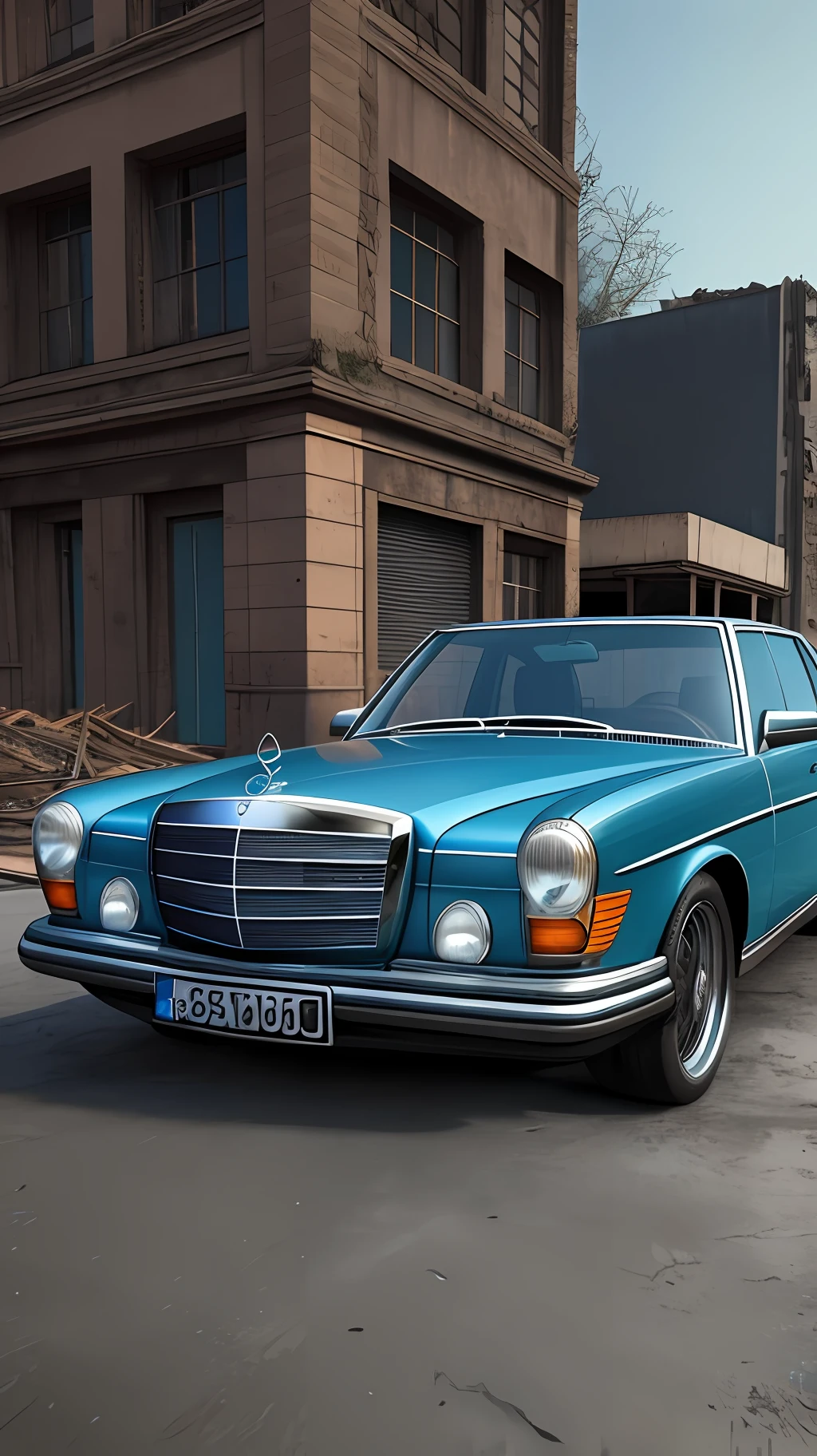 Looking for an epic, cinematic positivism-style image of a rusty blue Mercedes 90s in a post-apocalyptic city? Consider using vivid colors, intricate details, and a grand atmosphere that captures the spirit of positivity in a world that has been destroyed. This artwork can be rendered in 3D, with sharp details that bring the rusty blue Mercedes 90s to life. Consider working with artists like Auguste Rodin, Pierre-Auguste Renoir or Camille Pissarro to bring this design to life