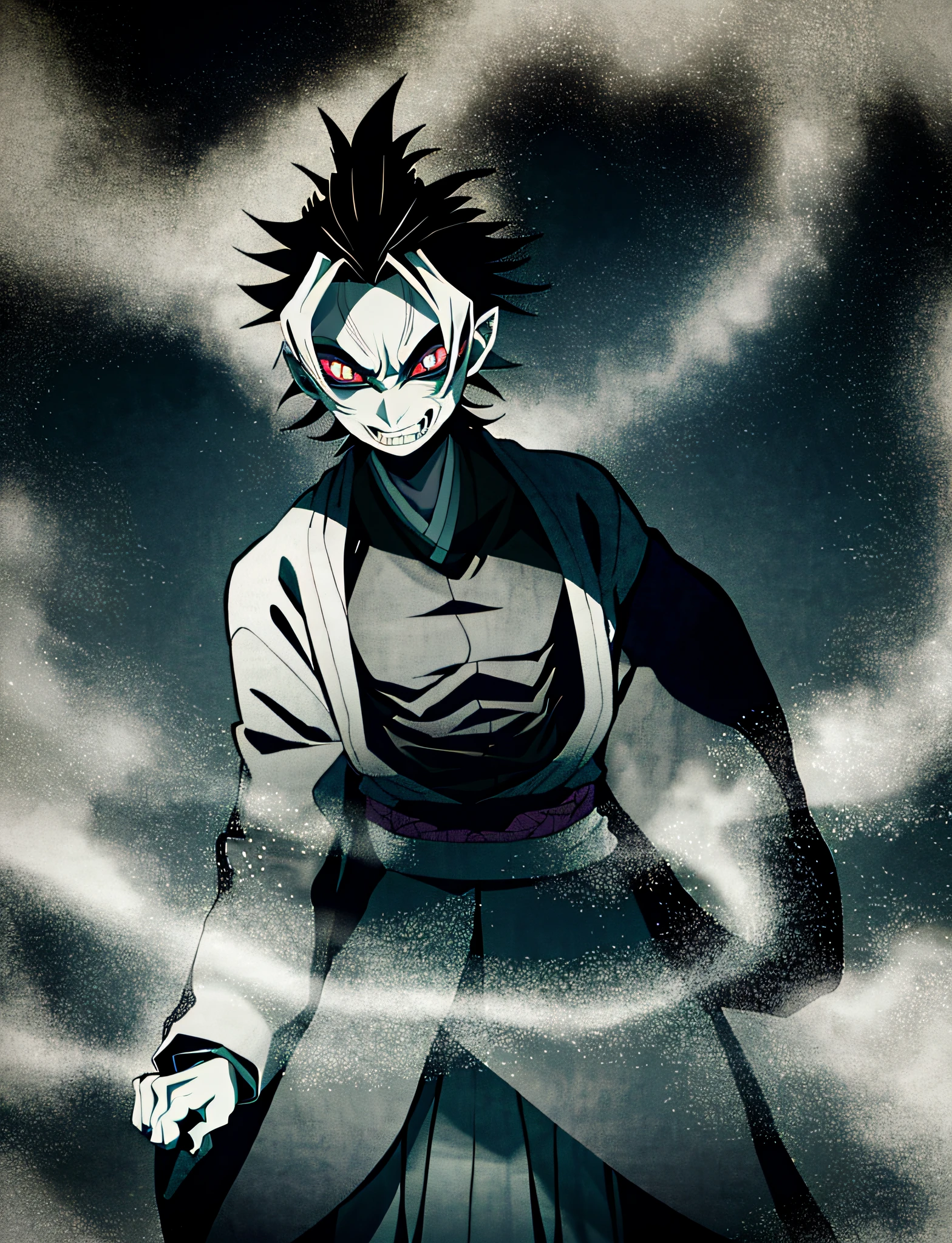 Kimetsu no Yaiba style Skinny male demon, kimono, dark forest at night, grey skin, ugly, gloomy, muted colors, popping veins, barring fangs, demon eyes, tiny pupils, foggy, anime coloring ((masterpiece))