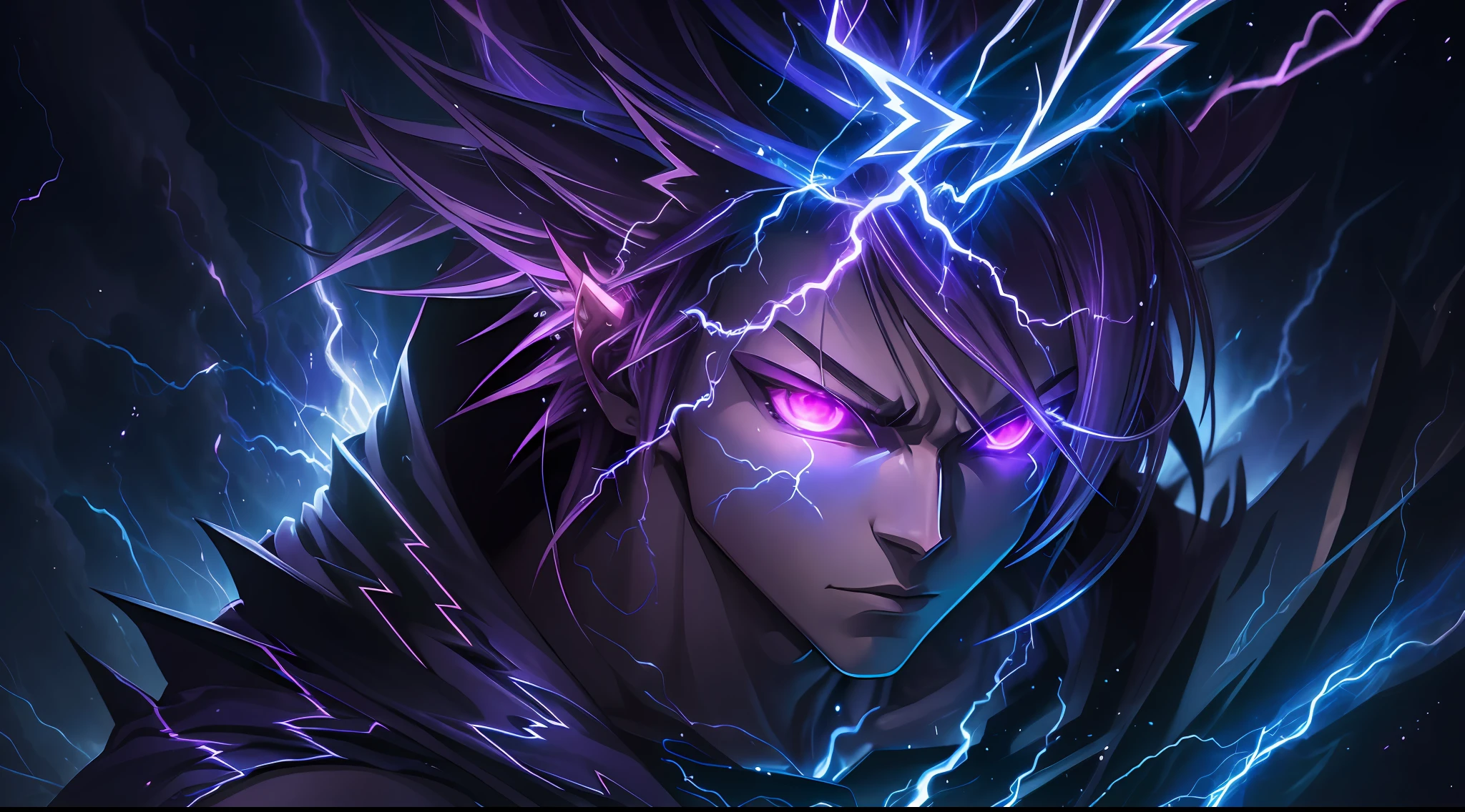a close-up of a person with a purple and blue background full of lightning, glowing black aura, evil aura, 8k anime, an epic anime of a being with lightning powers, epic anime style, menacing aura, aura of darkness, evolving into his final form, glowing power aura, cosmic power glowing and flourishing, many lightning bolts surrounding the character --auto --s2