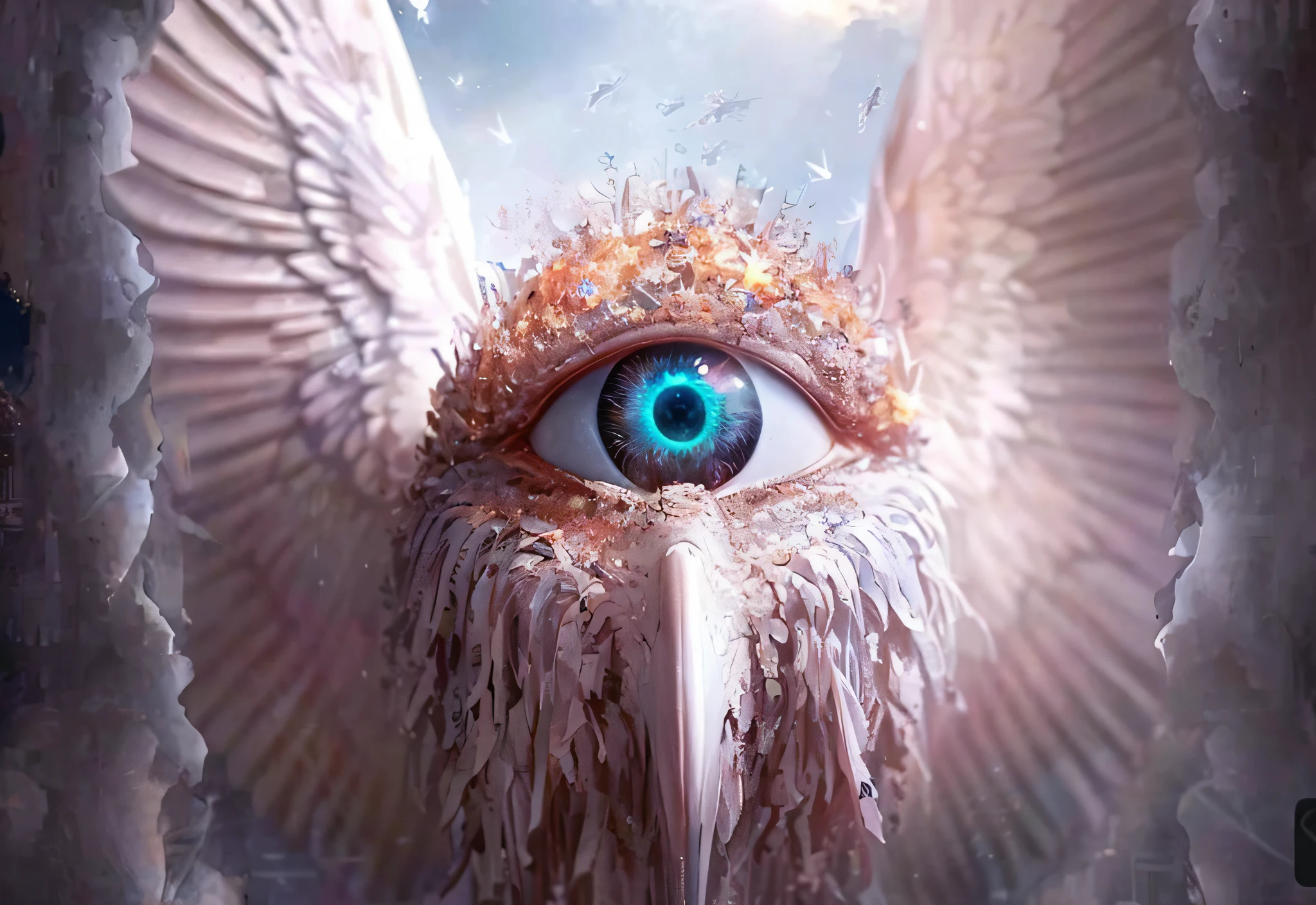 there is a bird with a blue eye and a long beak, open eye freedom, visionary art, highly detailed visionary art, digital visionary art, visionary art style, sparkling bird eyes, beeple. hyperrealism, hyper detailed visionary art, hyper - detailed visionary art, a surrealistic bird, surreal art, realism | beeple, the eye of god rah