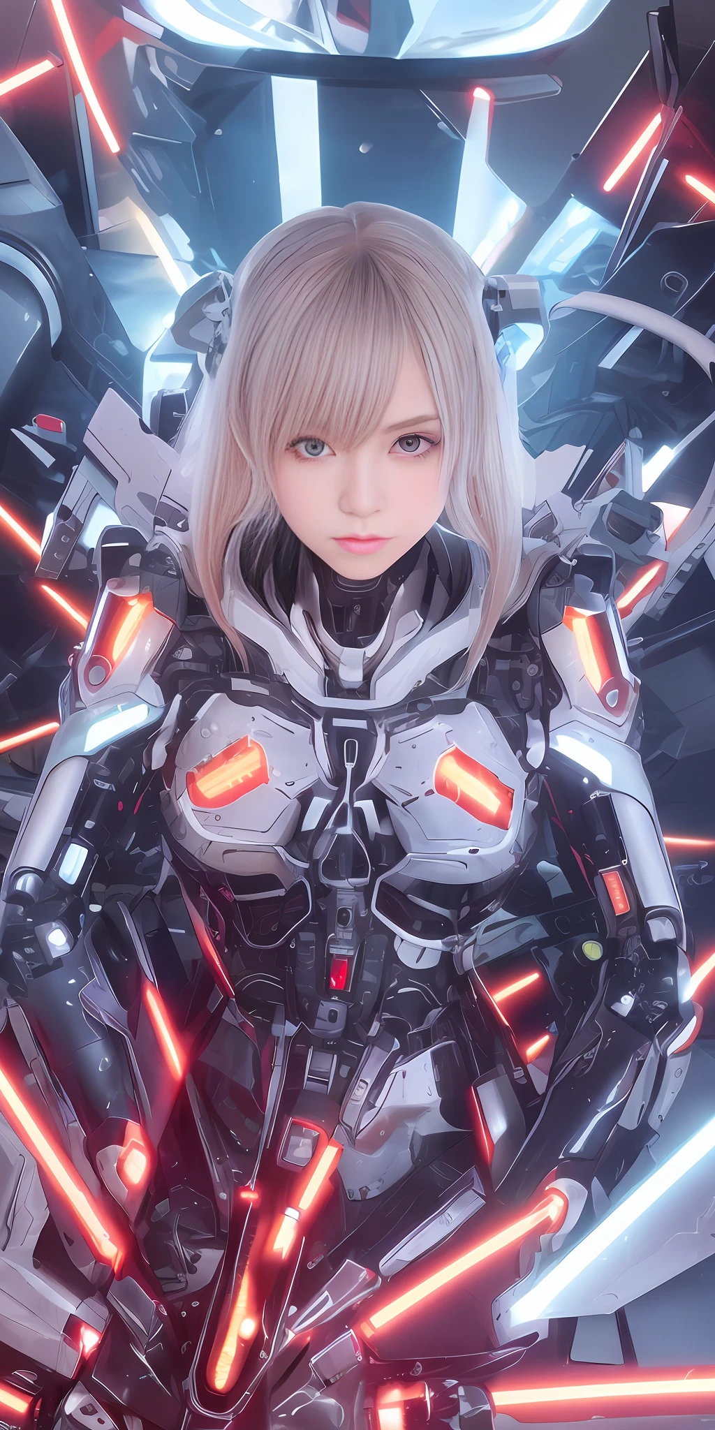 Gundam Girl, Mecha Body, Cyberpunk, Mechanical Body, Metal Body, Face, Chest and Thighs Are Raw Skin, Cleavage Is Visible, Orange Eyes, Glowing Eyes, Metallic, Detailed Neon, Small LEDs, Delicate Parts, Cables, Cylinders, (Masterpiece: 1.3), (8k, Photorealistic, RAW Photos, Best Quality: 1.4), (1 Japan Cyborg Girls) , beautiful face,