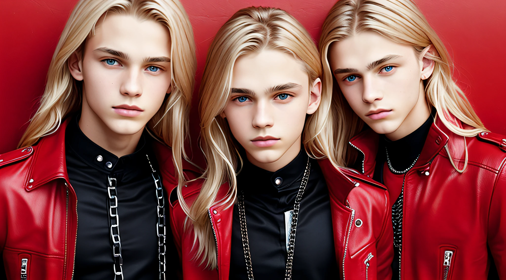 14-YEAR-OLD BOYS, CLOSEUP, WITH LONG BLONDE HAIR, WITH RED LEATHER JACKETS AND BLACK CLOTHING, ON A RED BACKGROUND WITH MANY CHAINS, FLOOR WITH CHAINS, CEILING WITH CHAINS.