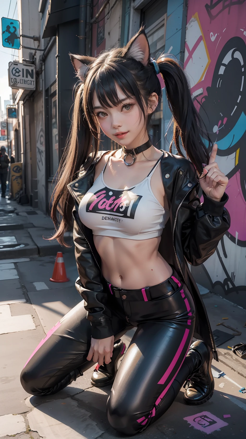 Cute nekomata catgirl, Petite, Delicate Beautiful Attractive Face, open mouth, Smiling, (big heavy breasts), Layered Long Twintail hair, cat ears, Oversized cyberpunk Tech jacket, Mini Underboob Tee, Open Navel, Slim Waist, leather Pants, In The Graffiti Alley, Holding Spray Paint Can, ((kneeling pose)) original Character, Volumetric Lighting, Best Shadows, Shallow Depth of Field, (Highest Quality, Amazing Details:1.25), (Solo:1.3), Brilliant Colorful graffiti