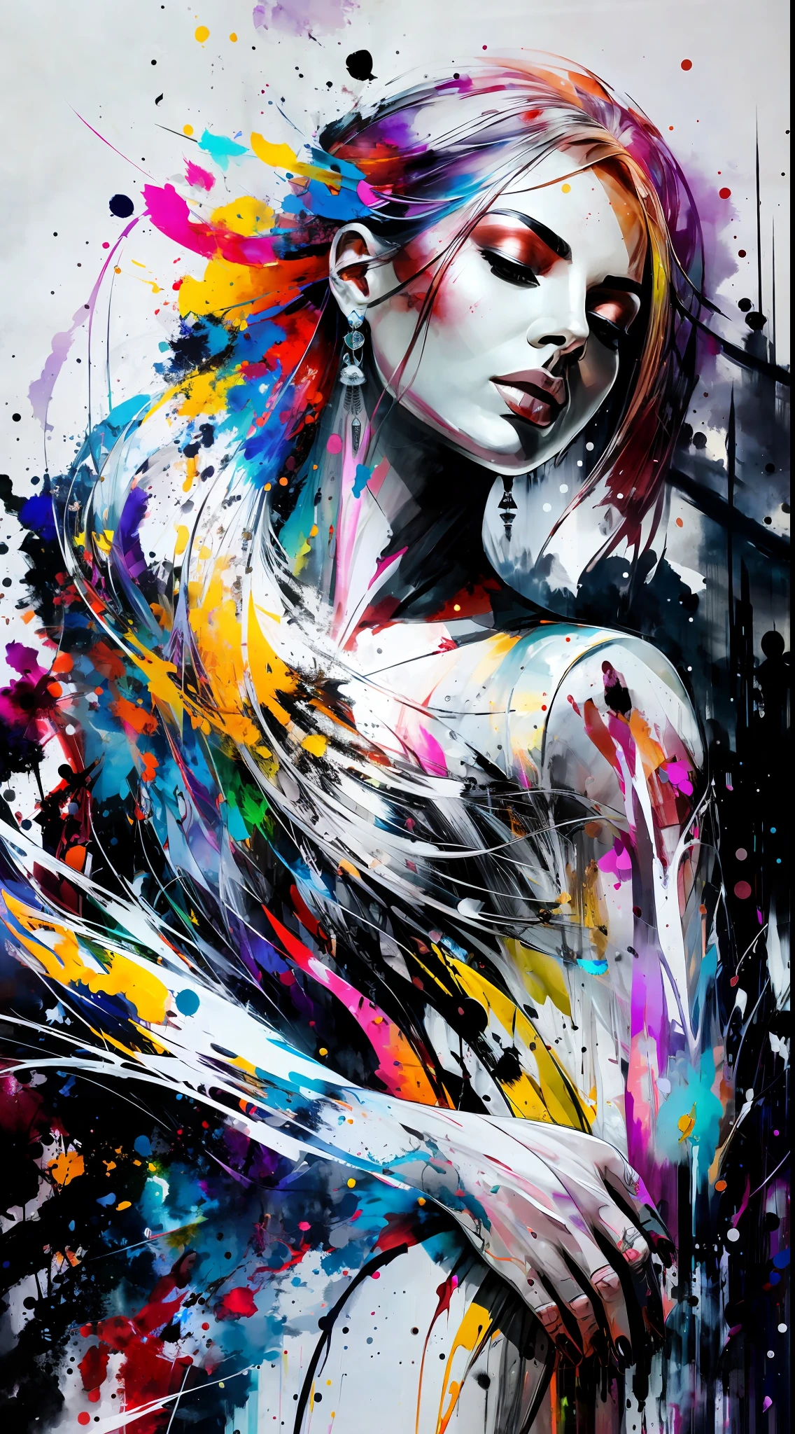 Colorful beautiful woman: Black ink flow: 8k resolution photorealistic masterpiece: by Aaron Horkey and Jeremy Mann: intricately detailed fluid gouache painting: by Jean Baptiste Mongue: calligraphy: acrylic: watercolor art, professional photography, natural lighting, volumetric lighting maximalist photoillustration: by marton bobzert: 8k resolution concept art intricately detailed, complex, elegant, expansive, fantastical --auto --s2