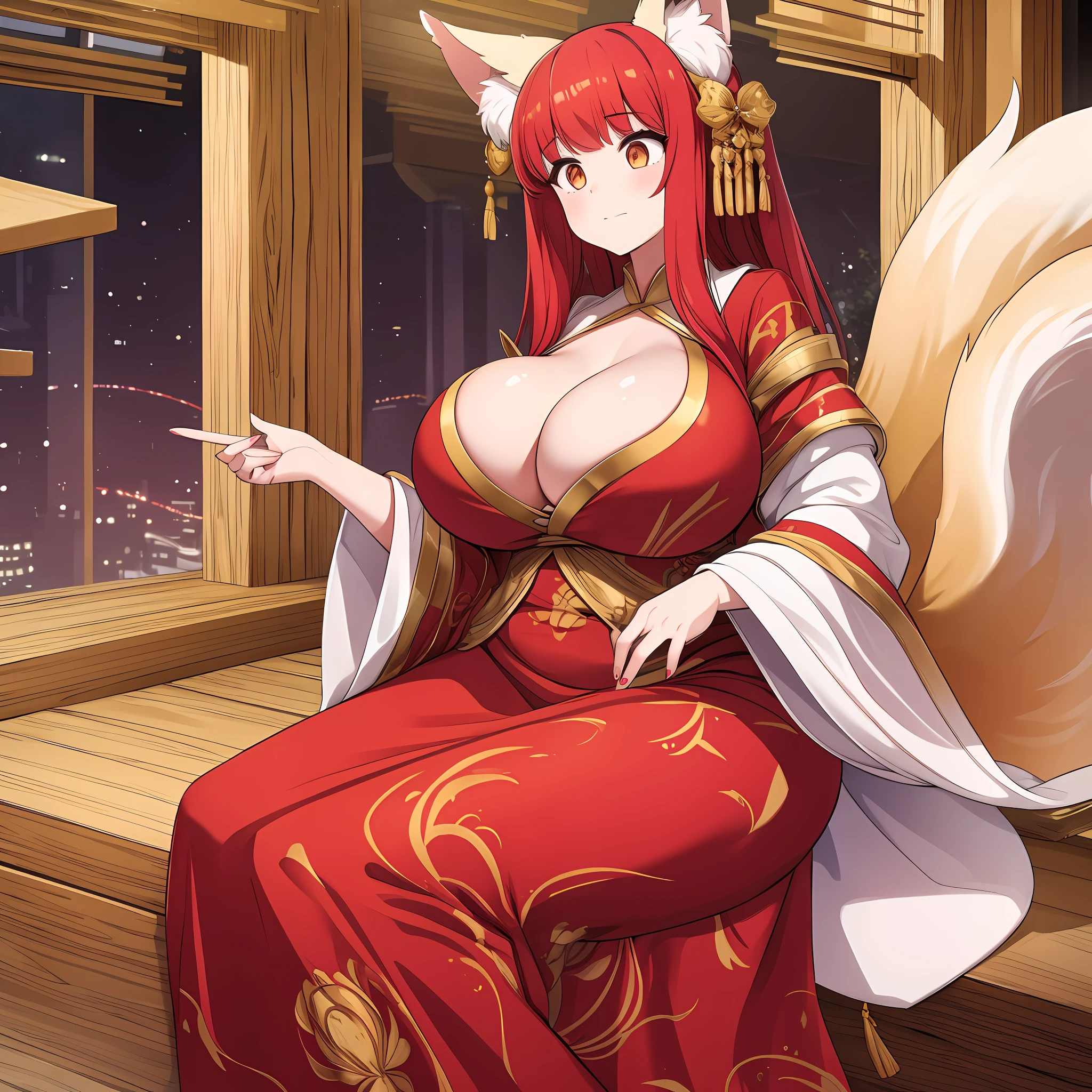 1girl, kitsune, huge breasts, long flowing dress, cleavage, plump