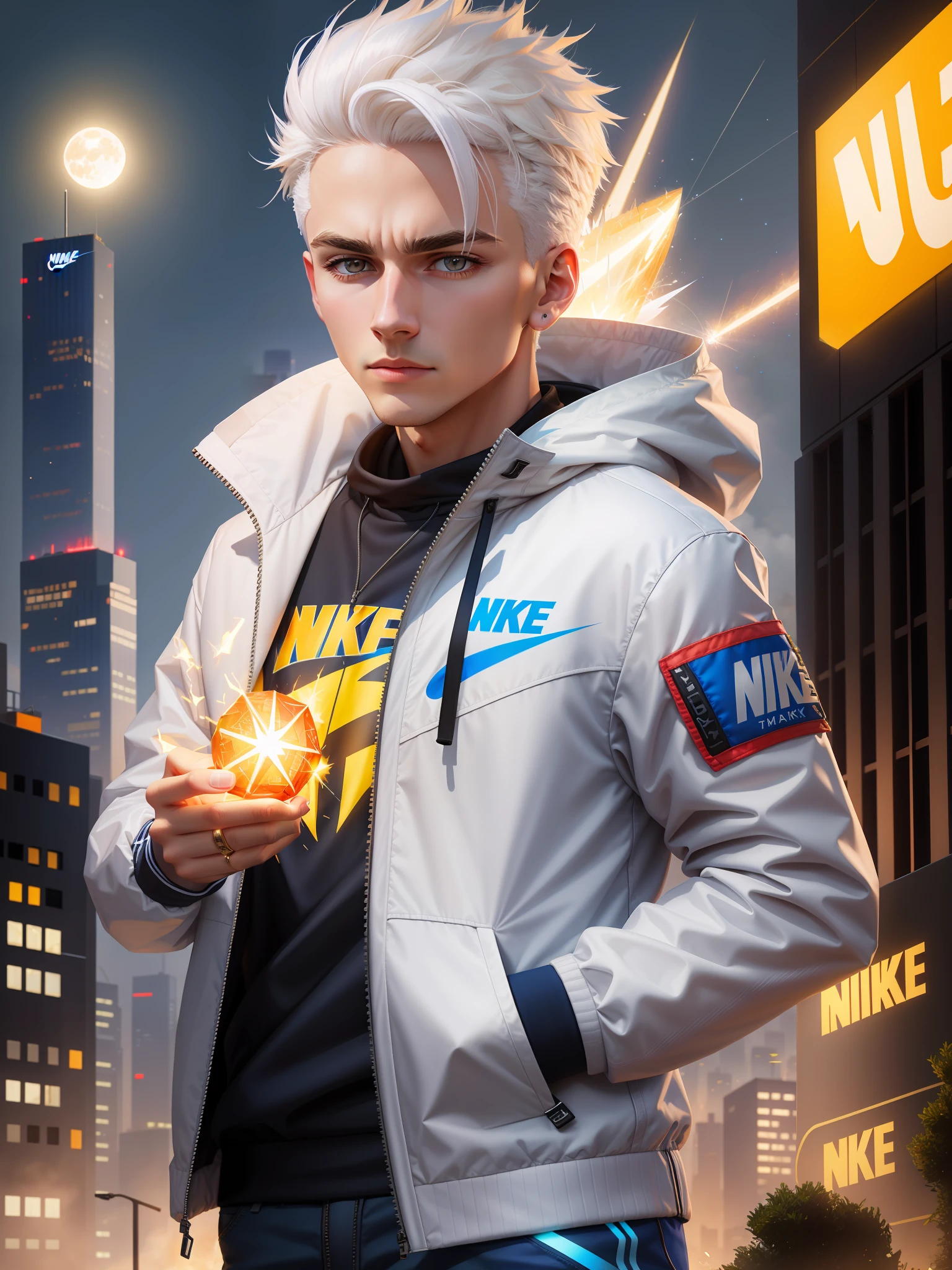 Young with power ball in hand, bright, spark, white hair,nike jacket, serious, 8k,realistic, moon, city, well detailed,