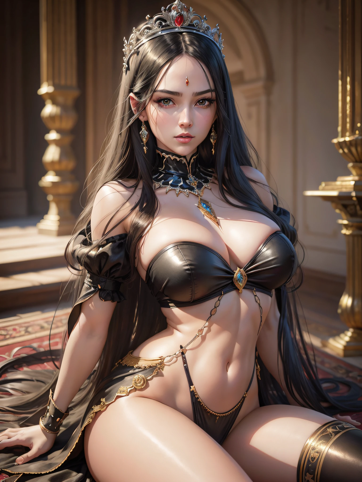 far view, sexy, girl, young, long straight black hair, black eyes, princess clothes, tiara, cheeky look, large breasts, bound in chains, royal room in the background, realistic eyes, detailed face, detailed hands, detailed legs, detailed fingers, detailed hair, detailed eyes, detailed skin, dynamic lighting, (photorealistic:1.4), 8k uhd, (hyper realistic), (photo realistic), (masterpiece), (best quality)