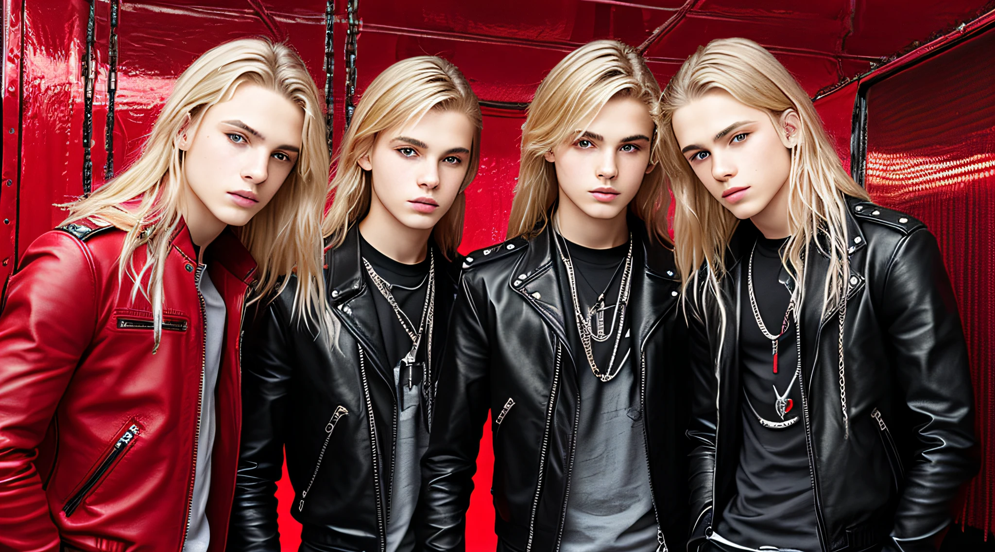 BOYS, CLOSEUP, WITH LONG BLONDE HAIR, WITH RED LEATHER JACKETS AND BLACK CLOTHING, ON A RED BACKGROUND WITH MANY CHAINS, FLOOR WITH CHAINS, CEILING WITH CHAINS.