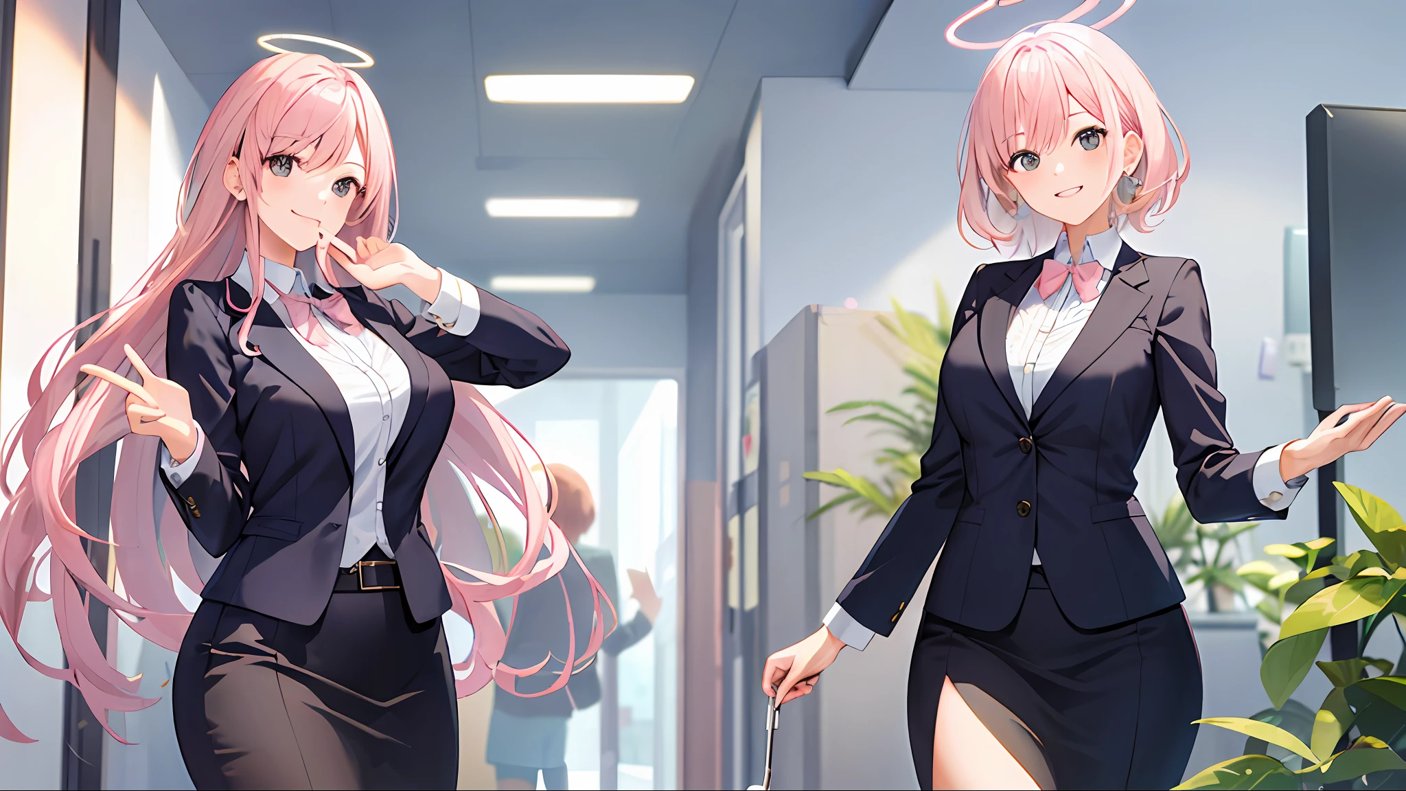 ((masterpiece, best)),(1girl),((mature woman)), light pink hair, halo, trumpet, ((office lady)), bangs, mid-chest, (full), slim, smiling, [wide hips ], office, standing, aru \(blue file\),