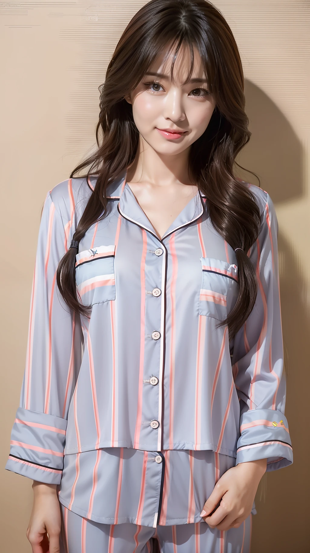 realistic photos of (1 cute Korean star) streaked hair, thin makeup, medium breasts size, slightly smile, wearing cartoon pattern pyjamas, first-person view, Hasselblad, f/4.0, halftone, dithering, dithering, UHD, best quality, 16k