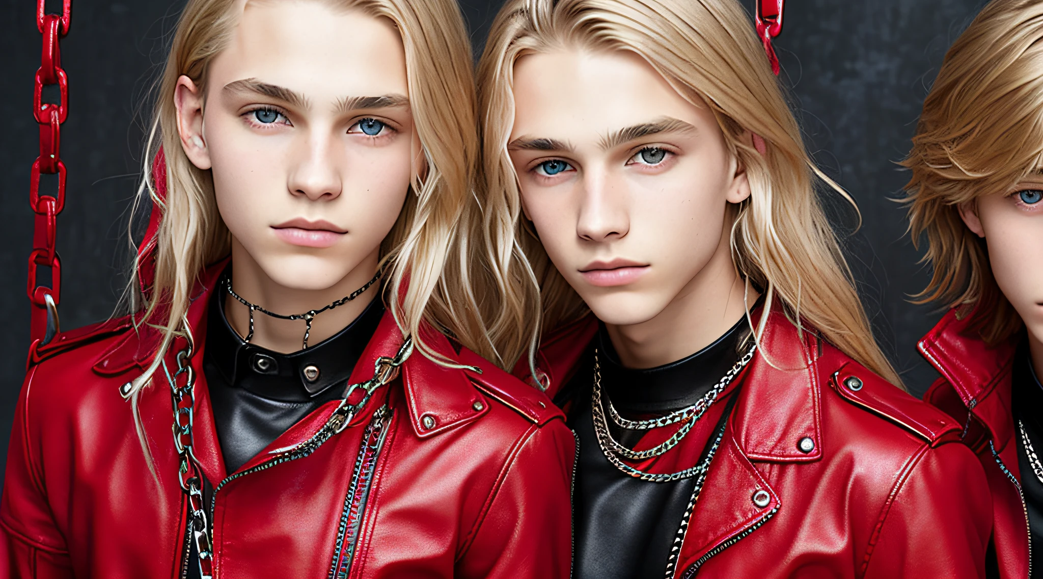 14-YEAR-OLD BOYS, CLOSEUP, WITH LONG BLONDE HAIR, WITH RED LEATHER JACKETS AND BLACK CLOTHING, ON A RED BACKGROUND WITH MANY CHAINS, FLOOR WITH CHAINS, CEILING WITH CHAINS.