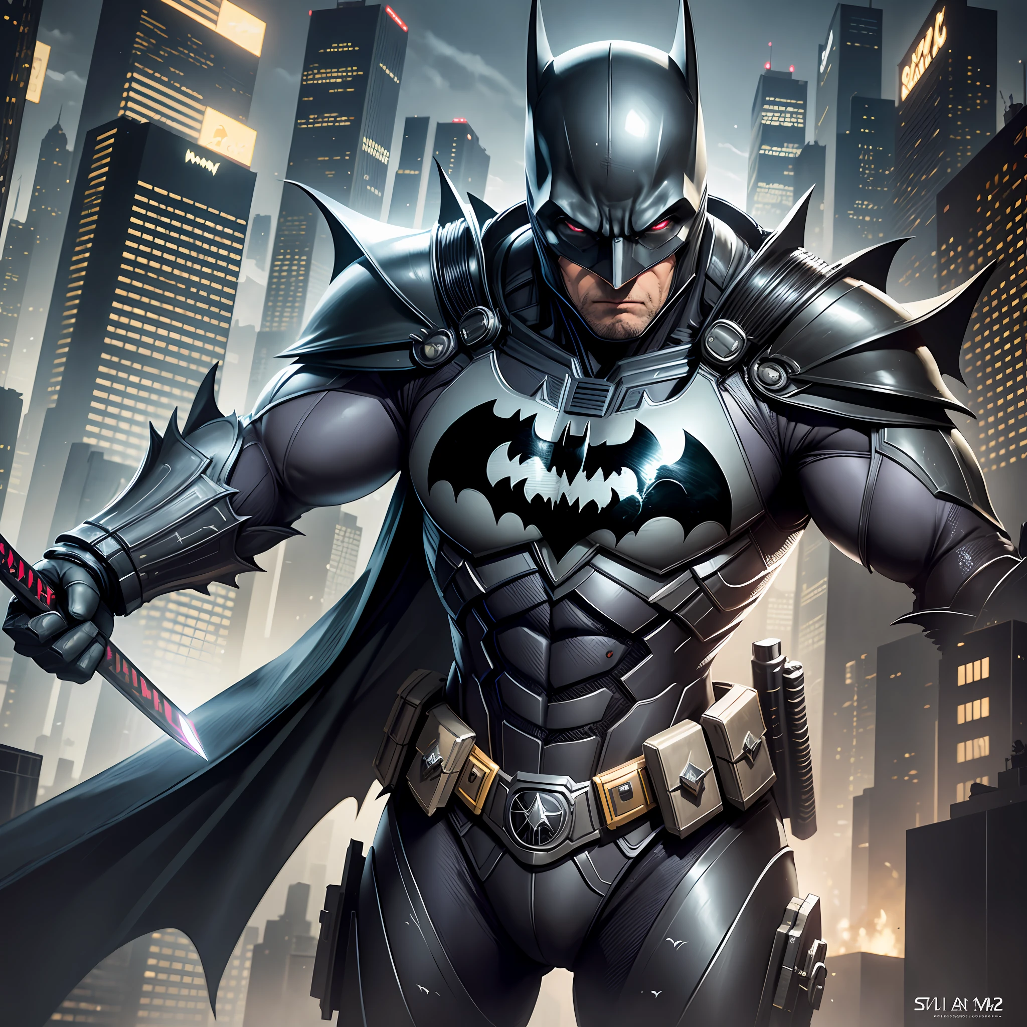 **Batman, Futuristic Gotham City at Night, war armor and a katana, Ultra Realism, High Quality --auto --s2