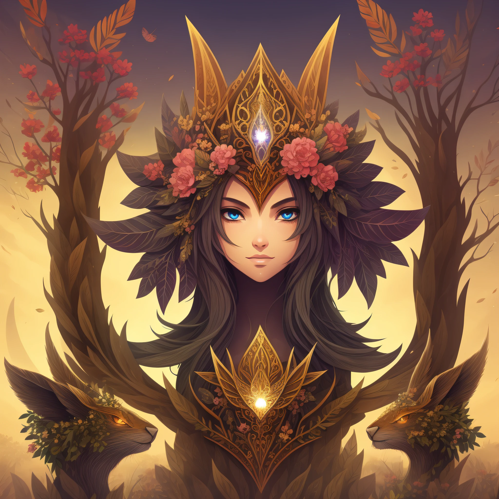 Imagine This being has a skin that looks like it is made of tree bark, with leaves and flowers growing on its body. digital epic fantasy, symmetrical concept art, a sinister fantasy illustration, symmetrical epic fantasy art, epic fantasy science fiction illustration, epic fantasy art style, epic anime art, symmetrical fantasy RPG portrait, Anton Fadeev and Dan Mumford --auto --s2