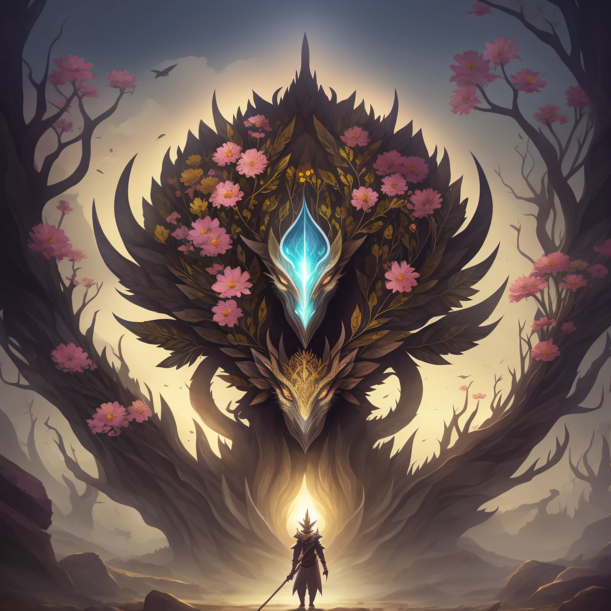 Imagine This being has a skin that looks like it is made of tree bark, with leaves and flowers growing on its body. digital epic fantasy, symmetrical concept art, a sinister fantasy illustration, symmetrical epic fantasy art, epic fantasy science fiction illustration, epic fantasy art style, epic anime art, symmetrical fantasy RPG portrait, Anton Fadeev and Dan Mumford --auto --s2