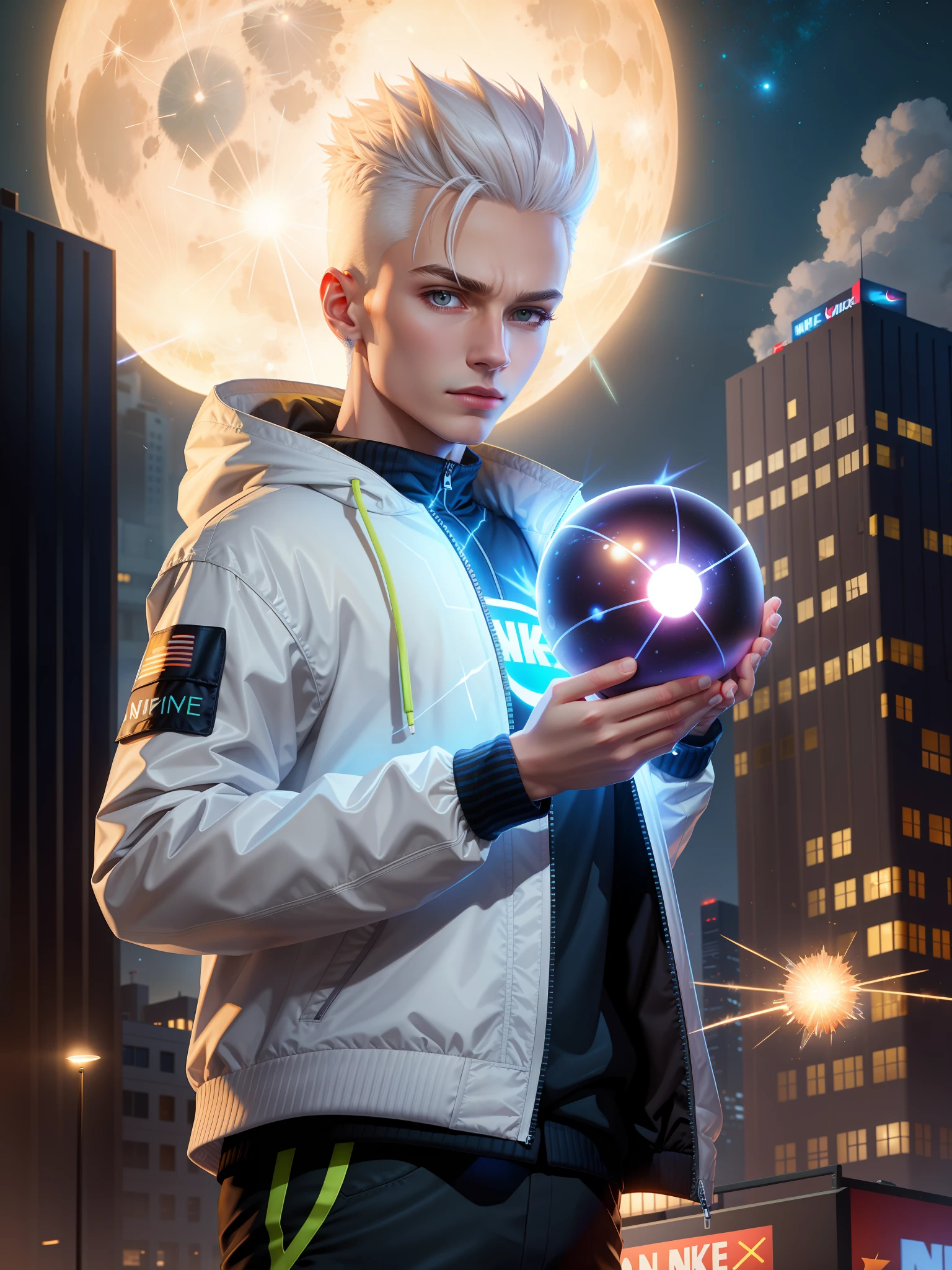Young with power ball in hand, bright, spark, white hair,nike jacket, serious, 8k,realistic, moon, city, well detailed,