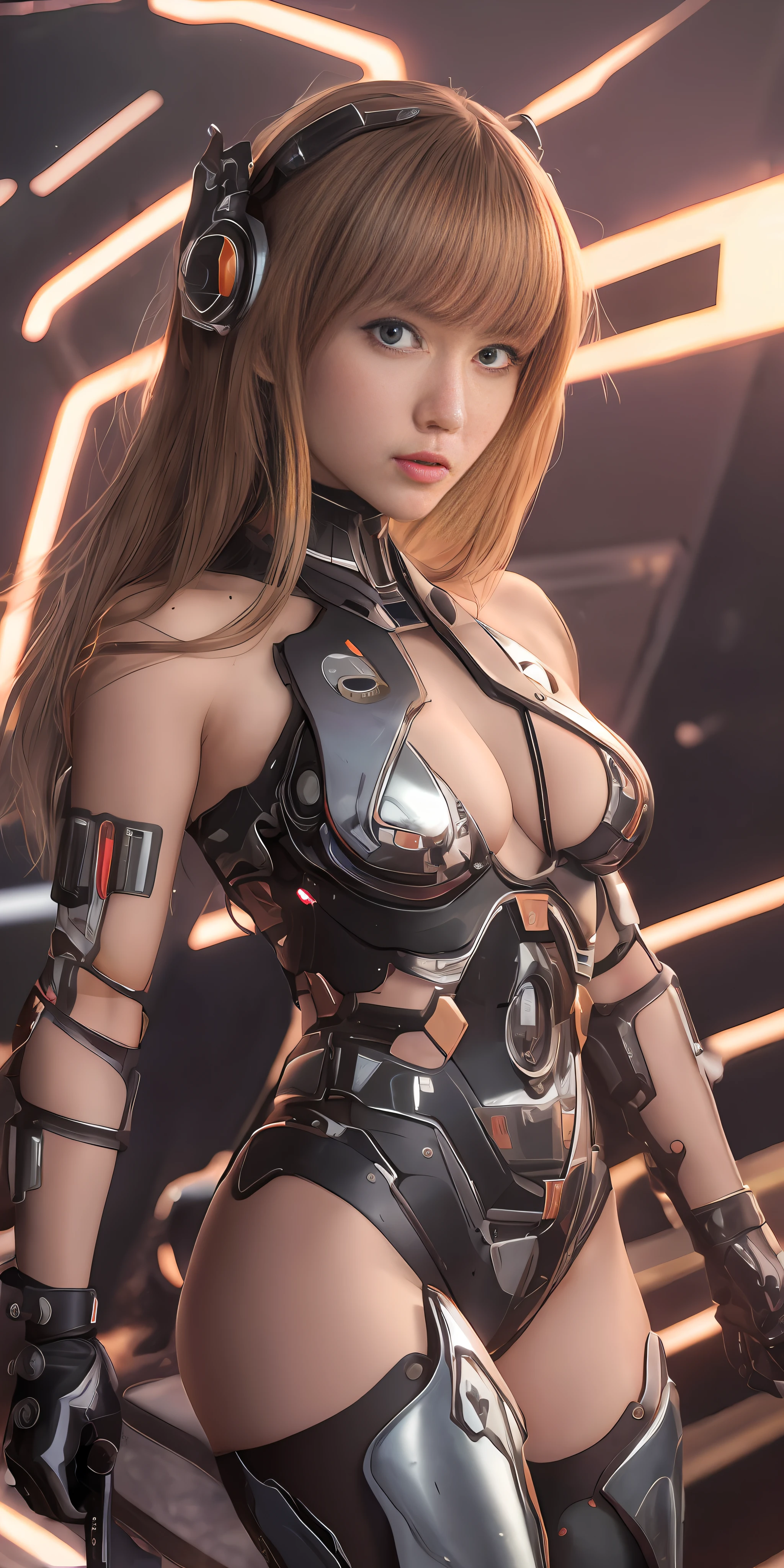 Gundam Girl, Mecha Body, Cyberpunk, Mechanical Body, Metal Body, Face, Chest and Thighs Are Raw Skin, Cleavage Is Visible, Orange Eyes, Glowing Eyes, Metallic, Detailed Neon, Small LEDs, Delicate Parts, Cables, Cylinders, (Masterpiece: 1.3), (8k, Photorealistic, RAW Photos, Best Quality: 1.4), (1 Japan Cyborg Girls) , beautiful face,