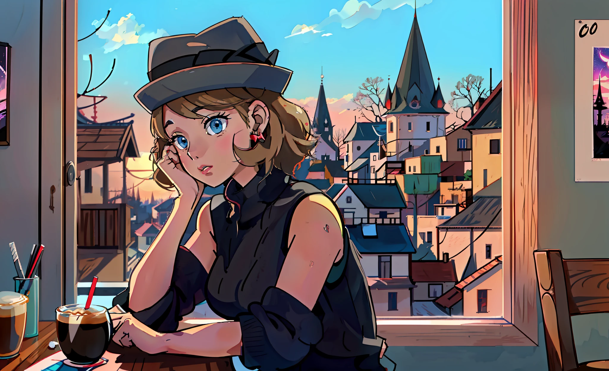 lofistudy, 1girl, writing, sideways, serene \(pokemon\), short hair, blue eyes, 1girl, gray headwear, solo, sleeveless turtle collar, jewelry, earrings, sweater vest, red skirt, black thighs, eyelashes, gray sweater, pleated skirt, fringe, turtleneck sweater, anime sitting on a table with a cup of coffee, anime style 4K, anime art wallpaper 8 K, 4K anime art wallpaper, 4K anime art wallpaper, anime style. 8k, anime wallpaper 4k, anime wallpaper 4k, anime wallpaper 4k, mystery girl cafeteria, lofi artstyle, lofi girl, headphones, window, kalos background, night