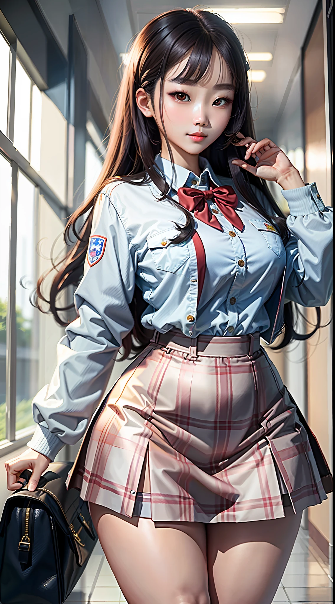 masterpiece, maximum quality, ultra high resolution, 8k, korean girl (Nam On-jo), full body, thin, detailed face, identical face, detailed eyes, shy smile, wearing school uniform, wide hips, thick thighs, in school hallway