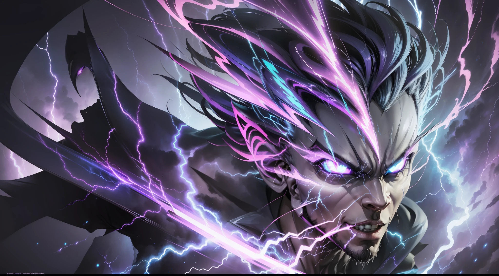 a close-up of a person with a purple and blue background full of lightning, glowing black aura, evil aura, 8k anime, an epic anime of a being with lightning powers, epic anime style, menacing aura, aura of darkness, evolving into his final form, glowing power aura, cosmic power glowing and flourishing, many lightning bolts surrounding the character