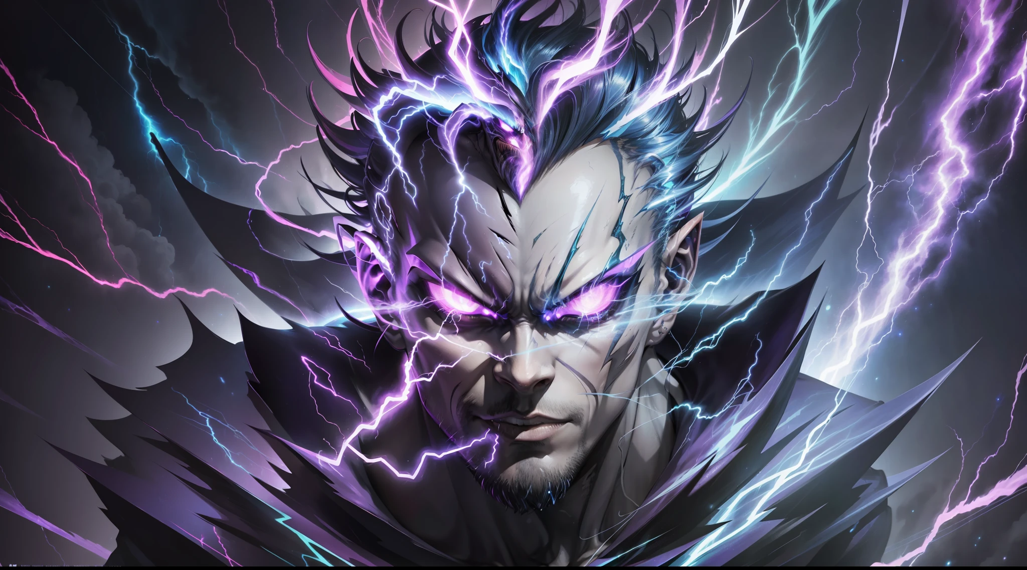 a close-up of a person with a purple and blue background full of lightning, glowing black aura, evil aura, 8k anime, an epic anime of a being with lightning powers, epic anime style, menacing aura, aura of darkness, evolving into his final form, glowing power aura, cosmic power glowing and flourishing, many lightning bolts surrounding the character