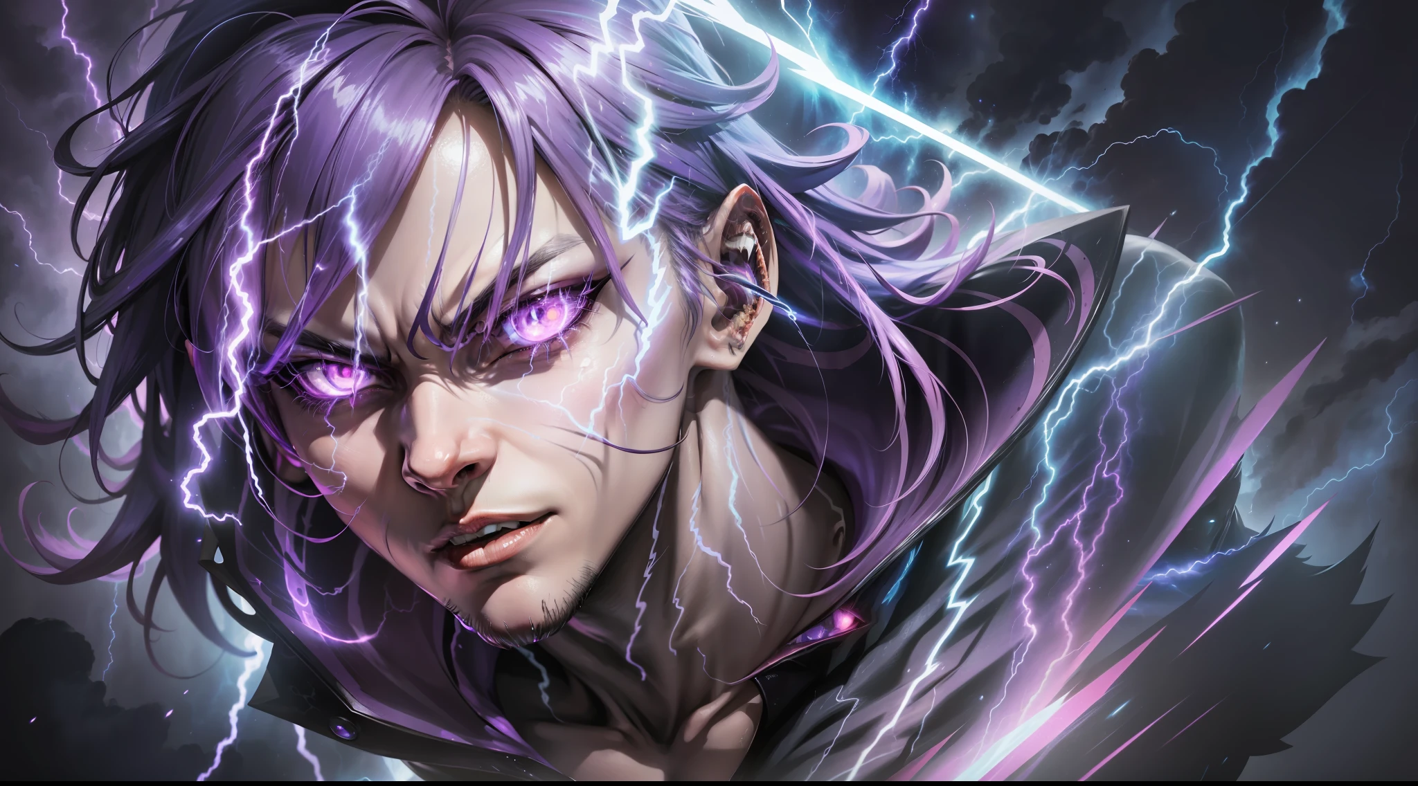 a close-up of a person with a purple and blue background full of lightning, glowing black aura, evil aura, 8k anime, an epic anime of a being with lightning powers, epic anime style, menacing aura, aura of darkness, evolving into his final form, glowing power aura, cosmic power glowing and flourishing, many lightning bolts surrounding the character